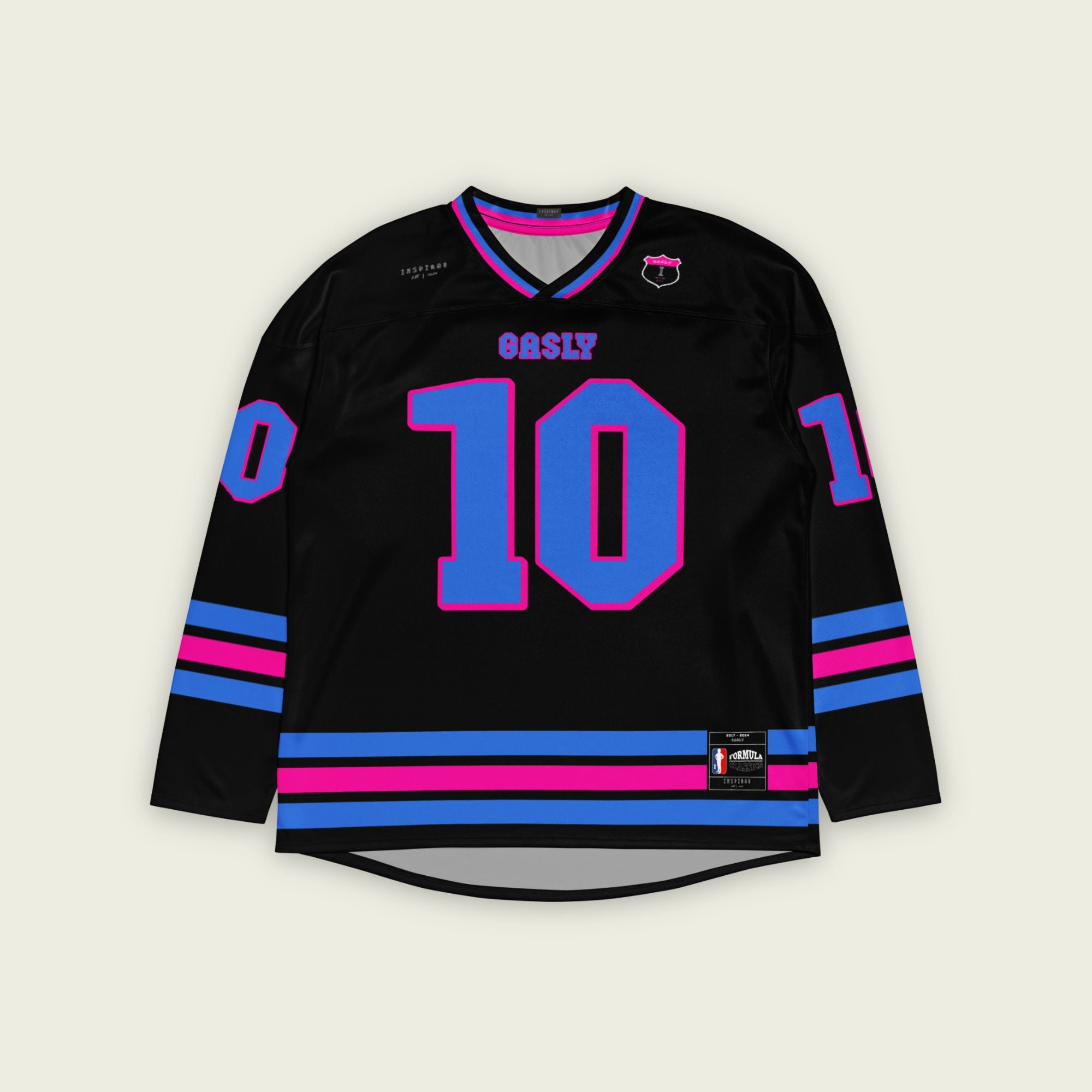 A black hockey jersey with three lines 2 blue and the middle one pink at the bottom both on the front and back, also the arms. there is a blue number 10 that pierre gasly races in F1 on the front and back with a pink outline. and his name Gasly on the front and back