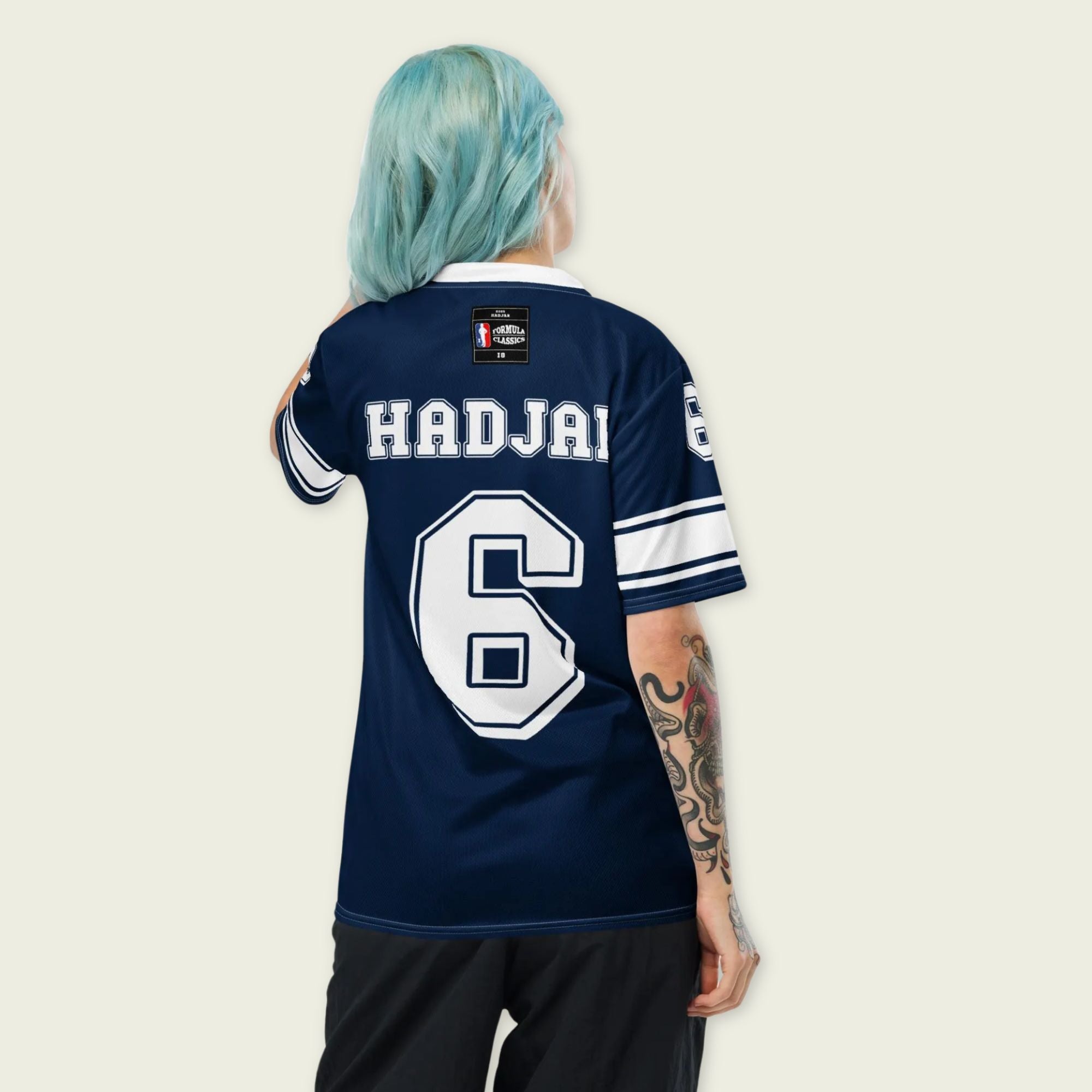 A navy blue football jersey with Isack Hadjars Redbull F1 Racing number 6 on the front and back.