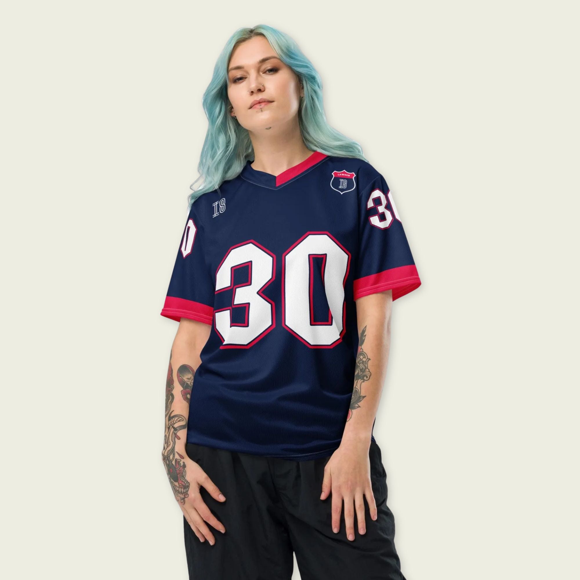 A navy blue and red football jersey with Liam Lawson's Redbull  F1 racing number 30 on the back and front in white. It has the name Lawson in white on the front and back as well.