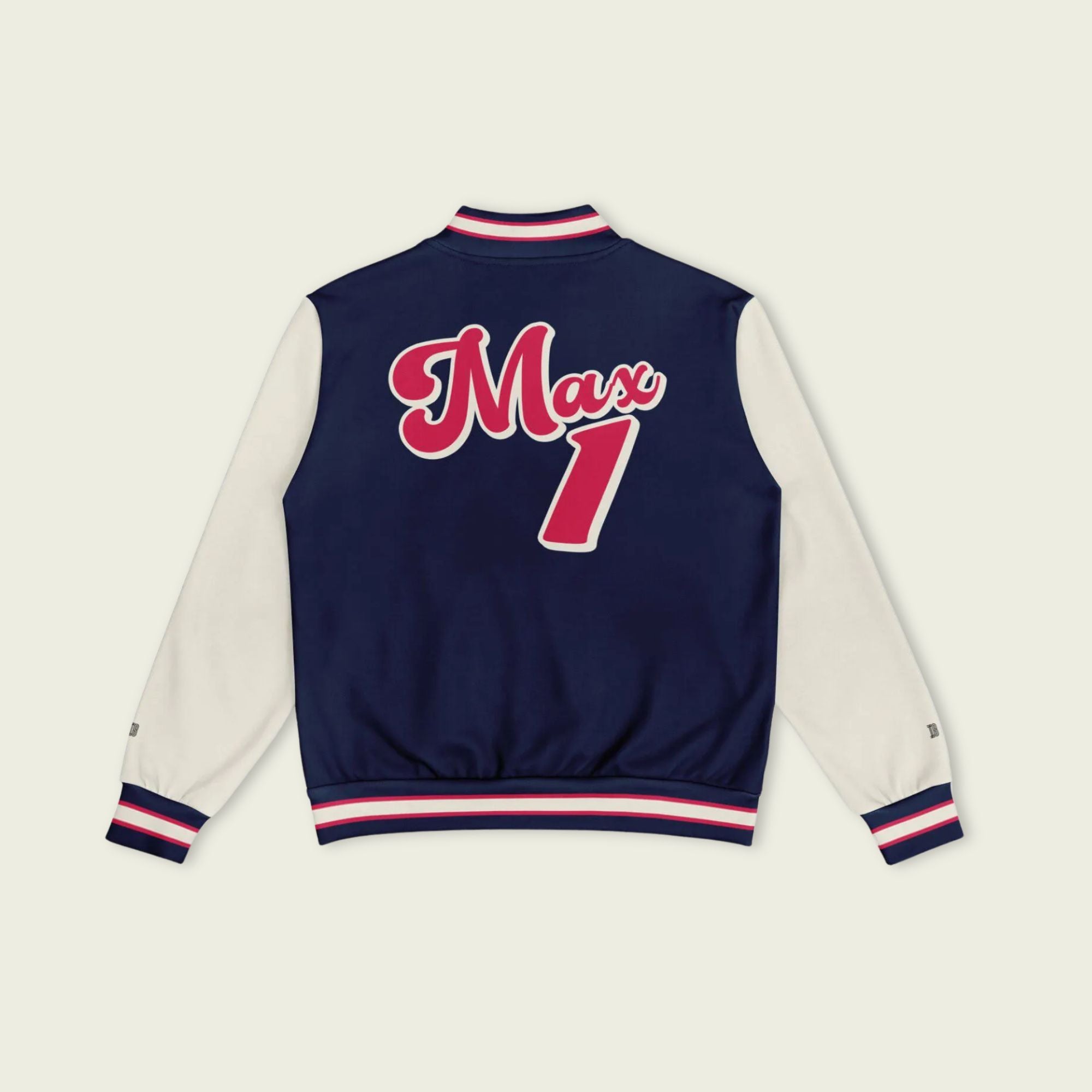 A navy blue, tan, and red varsity jacket with Max Verstappen Redbull F1 racing number in red on the front and back.