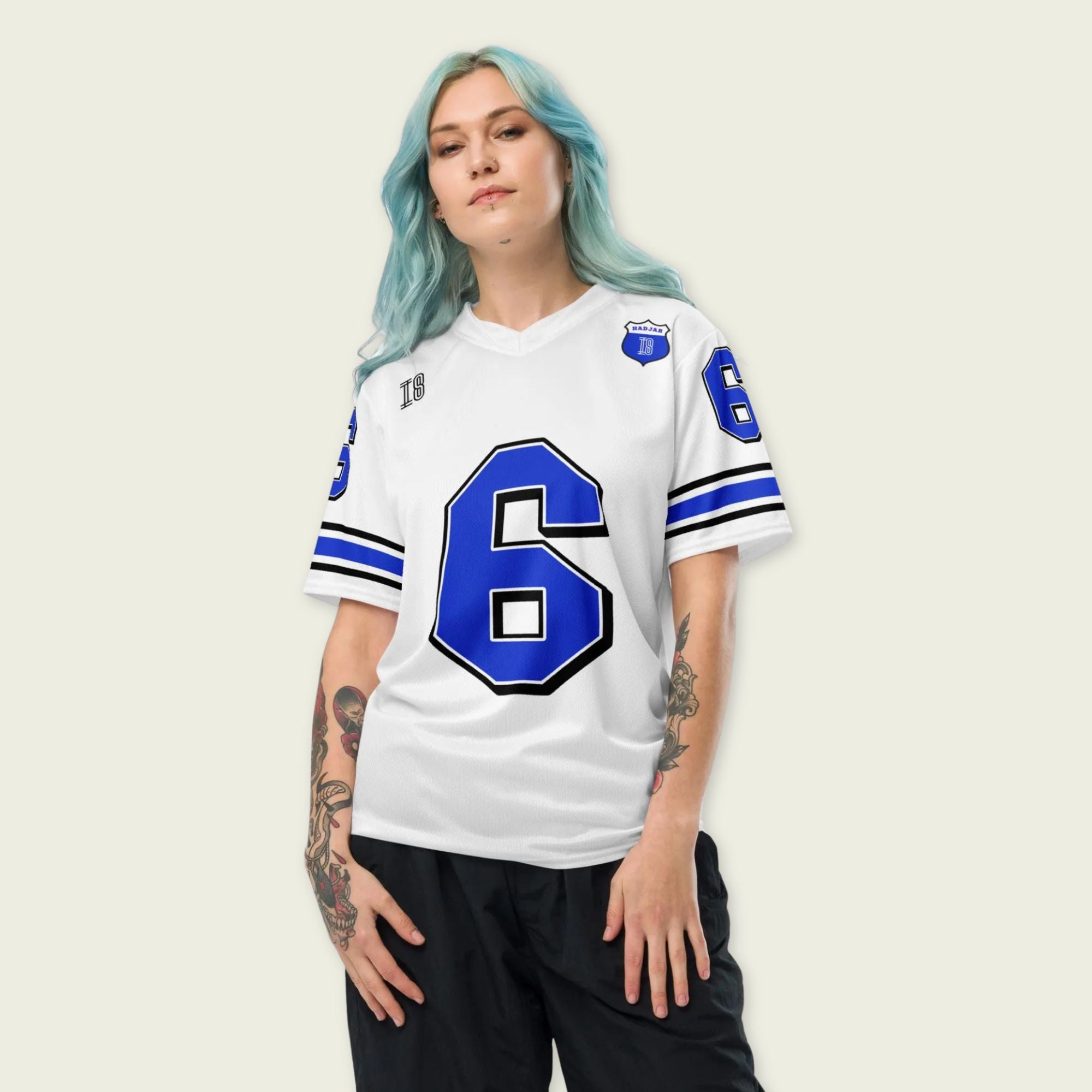 A white and blue football jersey with Isack Hadjars Redbull F1 Racing number 6 on the front and back.