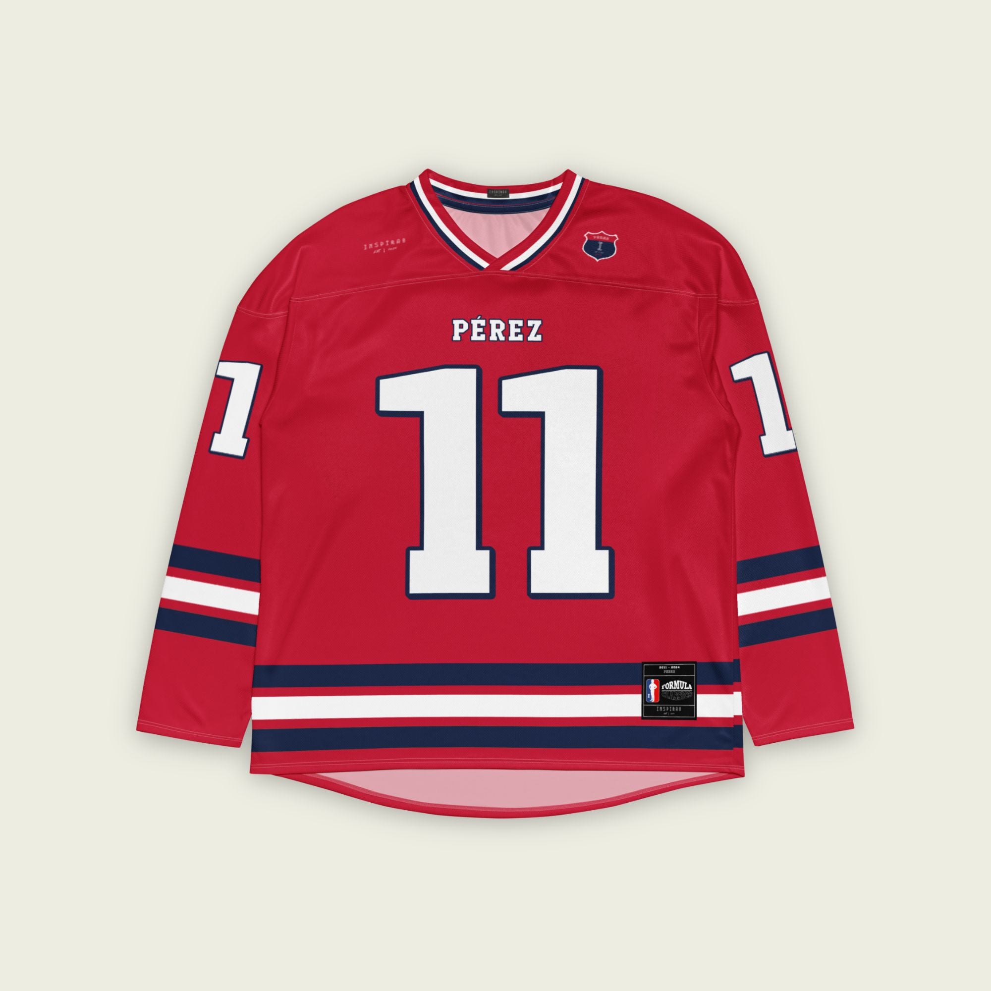 A red hockey jersey with Sergio Perez's Rebull F1 racing number 11 on the front and back in white, also the name Perez is on the back and front in white.