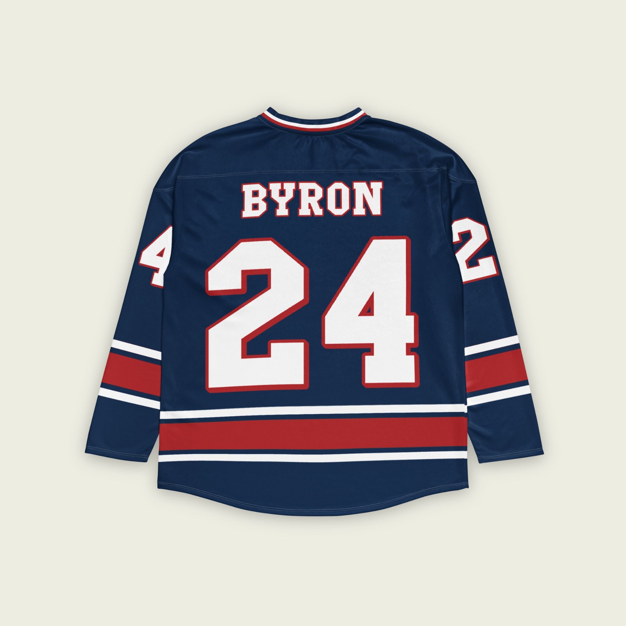 A navy, white, and red hockey jersey with William Byron's Nascar number 24 displayed