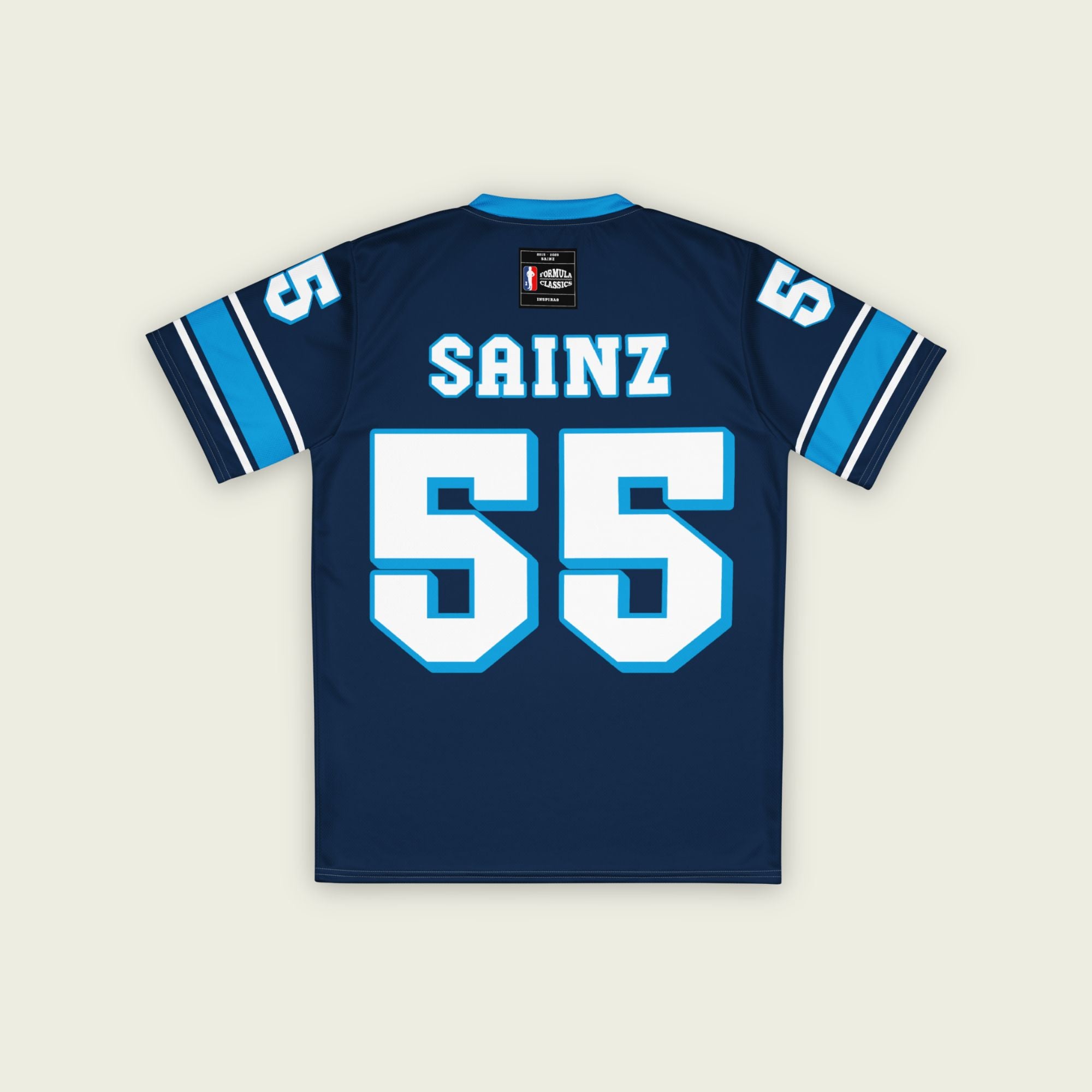 A navy blue football jersey with Carlos Sainz Jnr's WIlliams F1 racing number 55 on the back and front in white with a light blue outline.