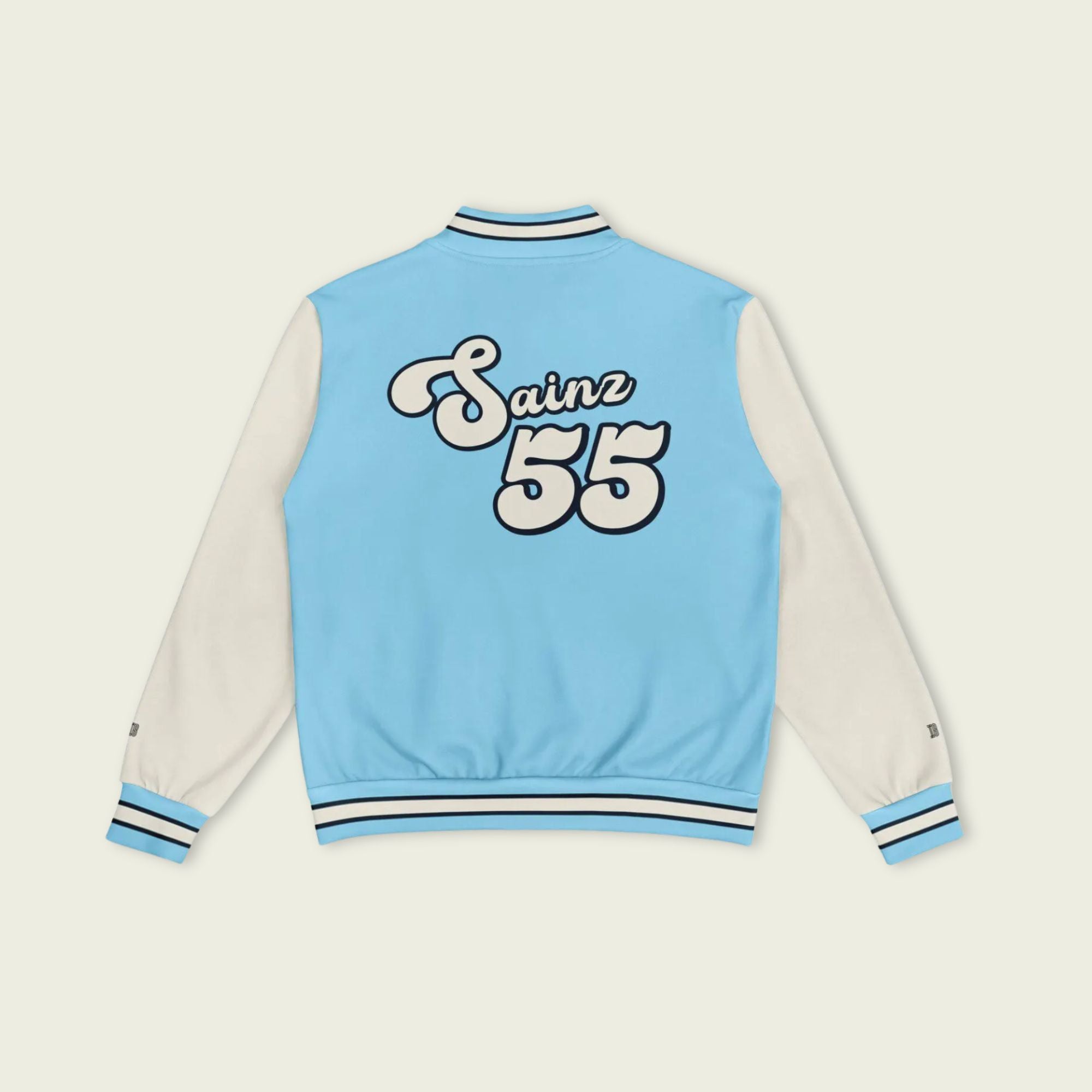 A baby blue and off white varsity jacket with Carlos Sainzs Williams F1 racing number 55 in white on the front and back.