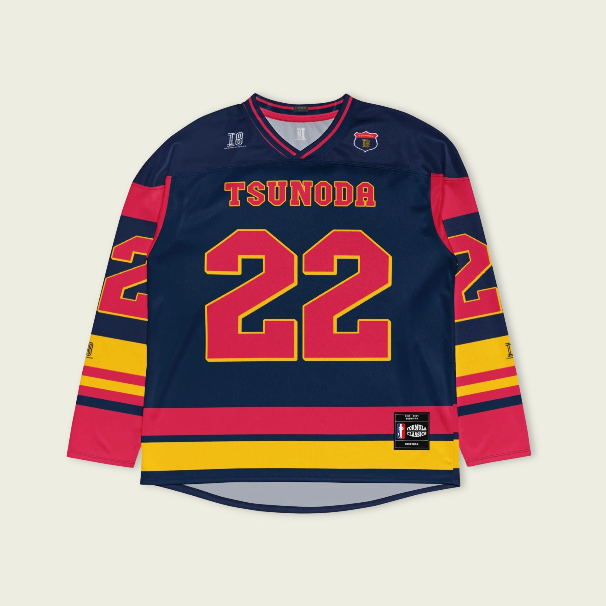 A navy blue hockey jersey with Yuki Tsunoda redbull F1 racing number 22. It has the name Tsunoda on the back and front.