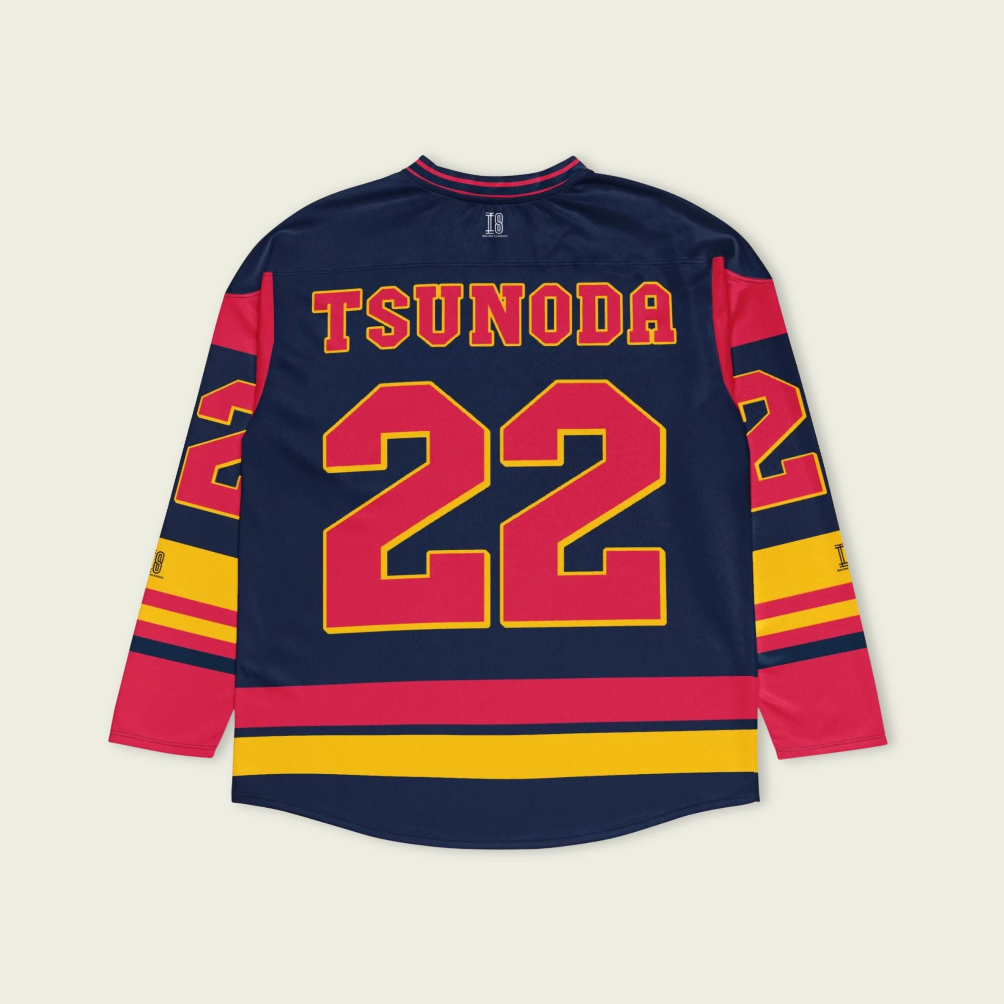 A navy blue hockey jersey with Yuki Tsunoda redbull F1 racing number 22. It has the name Tsunoda on the back and front.