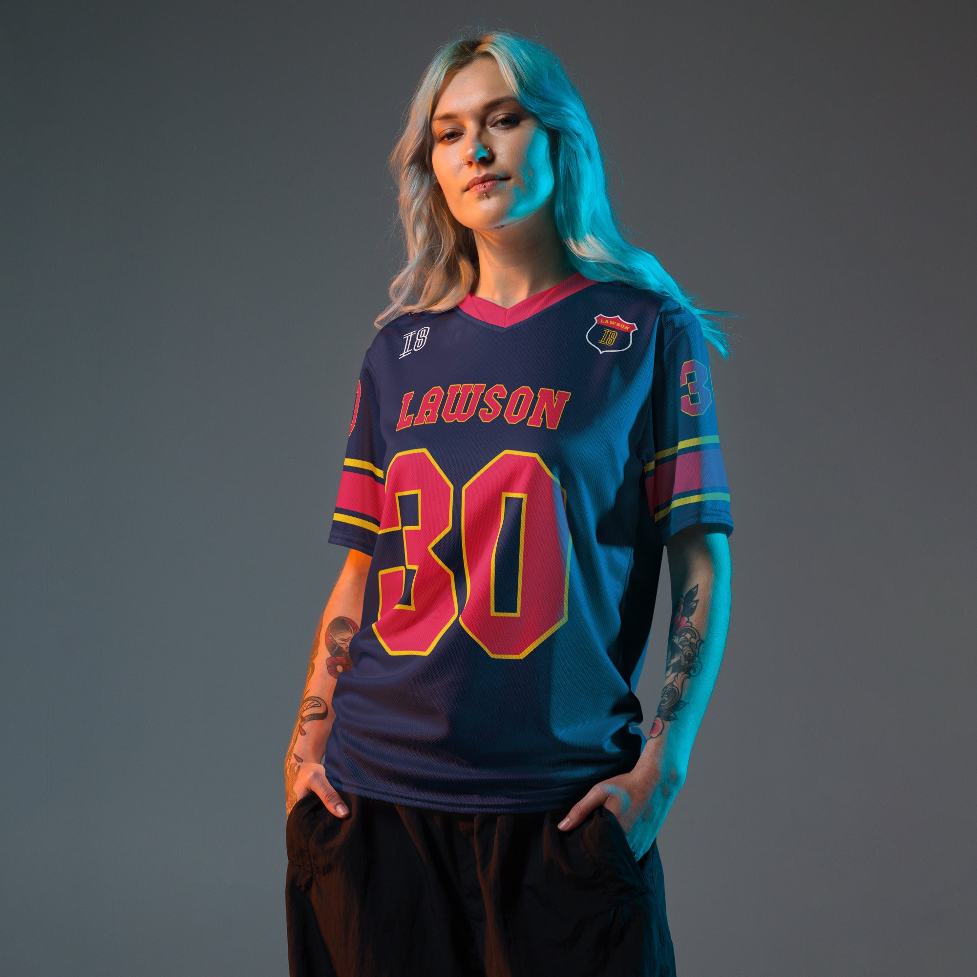 A navy blue football jersey with Liam Lawson Redbull F1 Racing number 30 on the front and back.