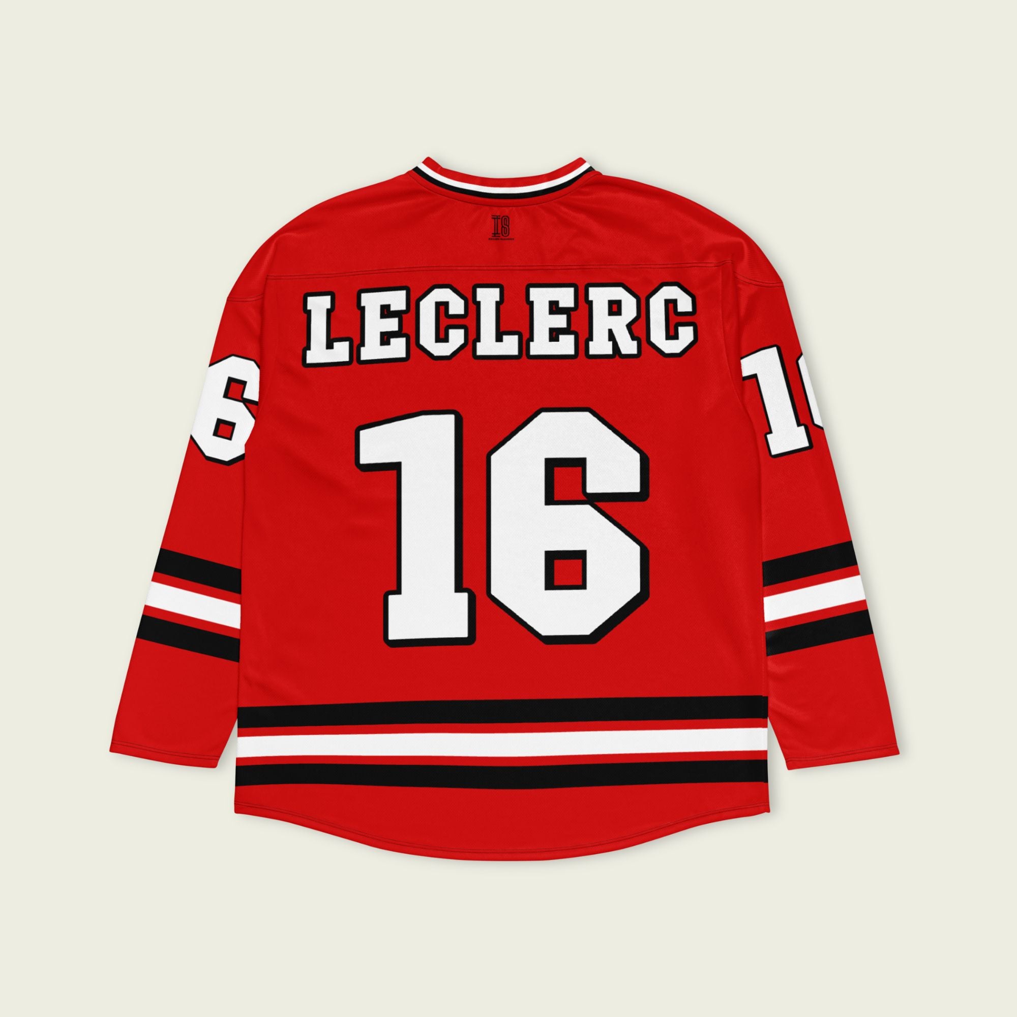 A Ferrari red hockey jersey with charles lecerc's f1 racing number 16 on the front in back, colored in black.