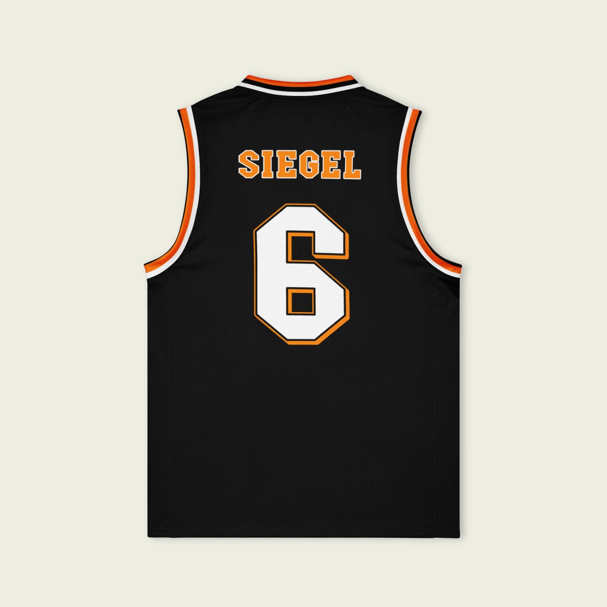 Black basketball jersey with 'SIEGEL' and number '6' on a beige background