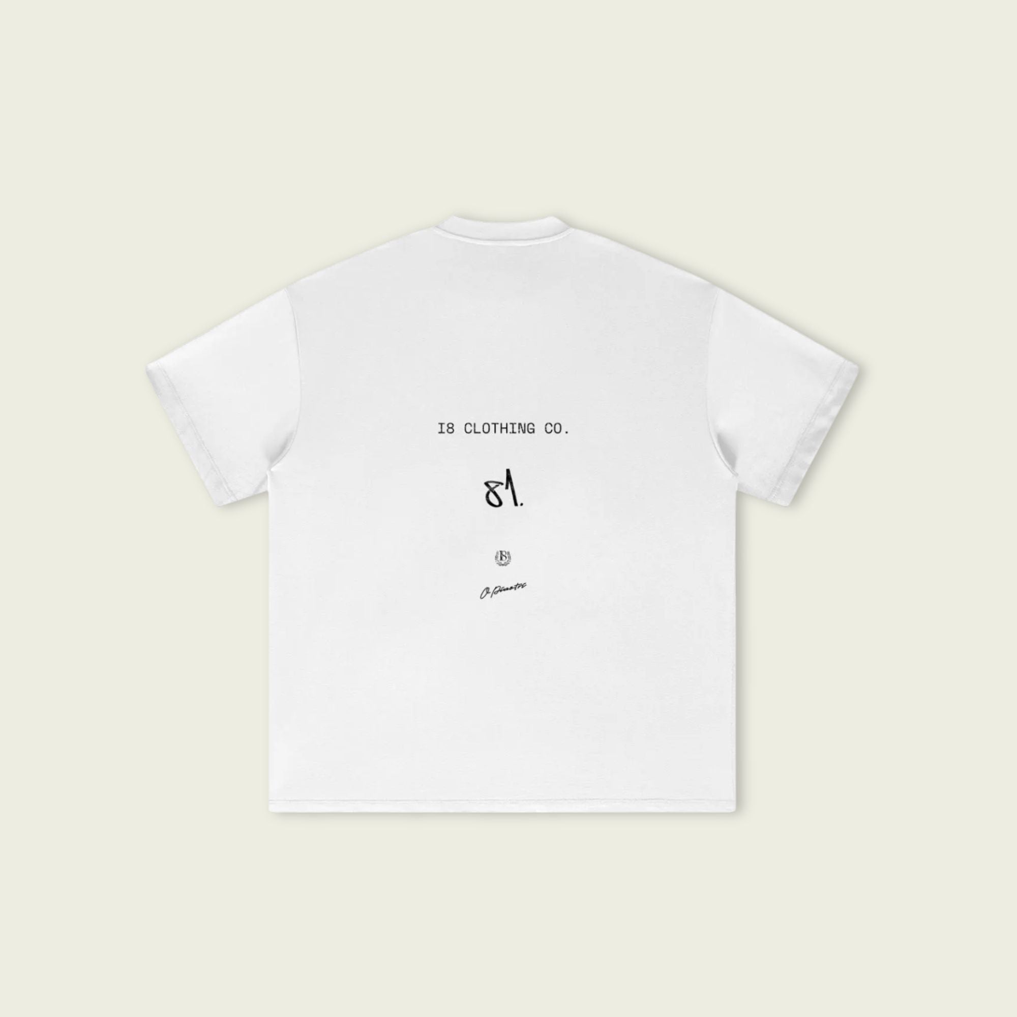 White t-shirt with black text on a beige background