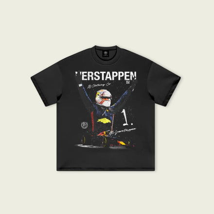Black t-shirt with a graphic design of a racing driver and 'Verstappen' text on a beige background