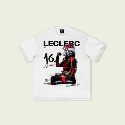 White t-shirt with Formula 1 driver graphic and 'LECLERC' text on a beige background