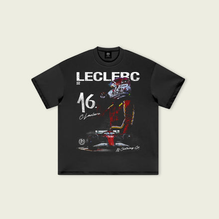 Black t-shirt with racing car and driver graphic on a beige background