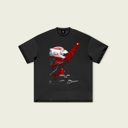 Black t-shirt with a graphic design on a beige background