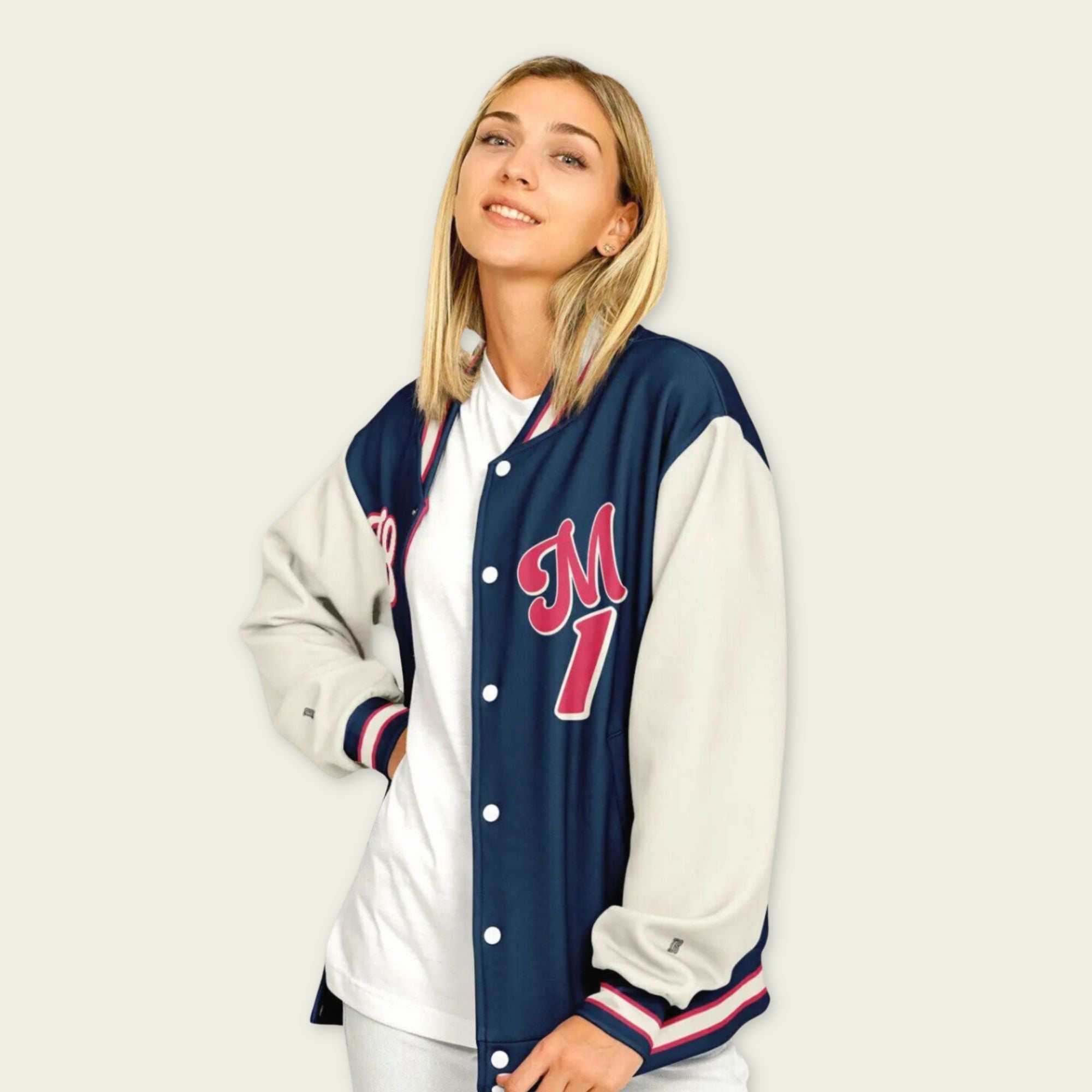 A navy blue, tan, and red varsity jacket with Max Verstappen Redbull F1 racing number in red on the front and back.