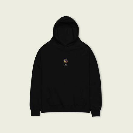 A black oversized hoodie with white text Osacr Piastris racing number 81 on the front and Osacr's graphic helmut on the front.
