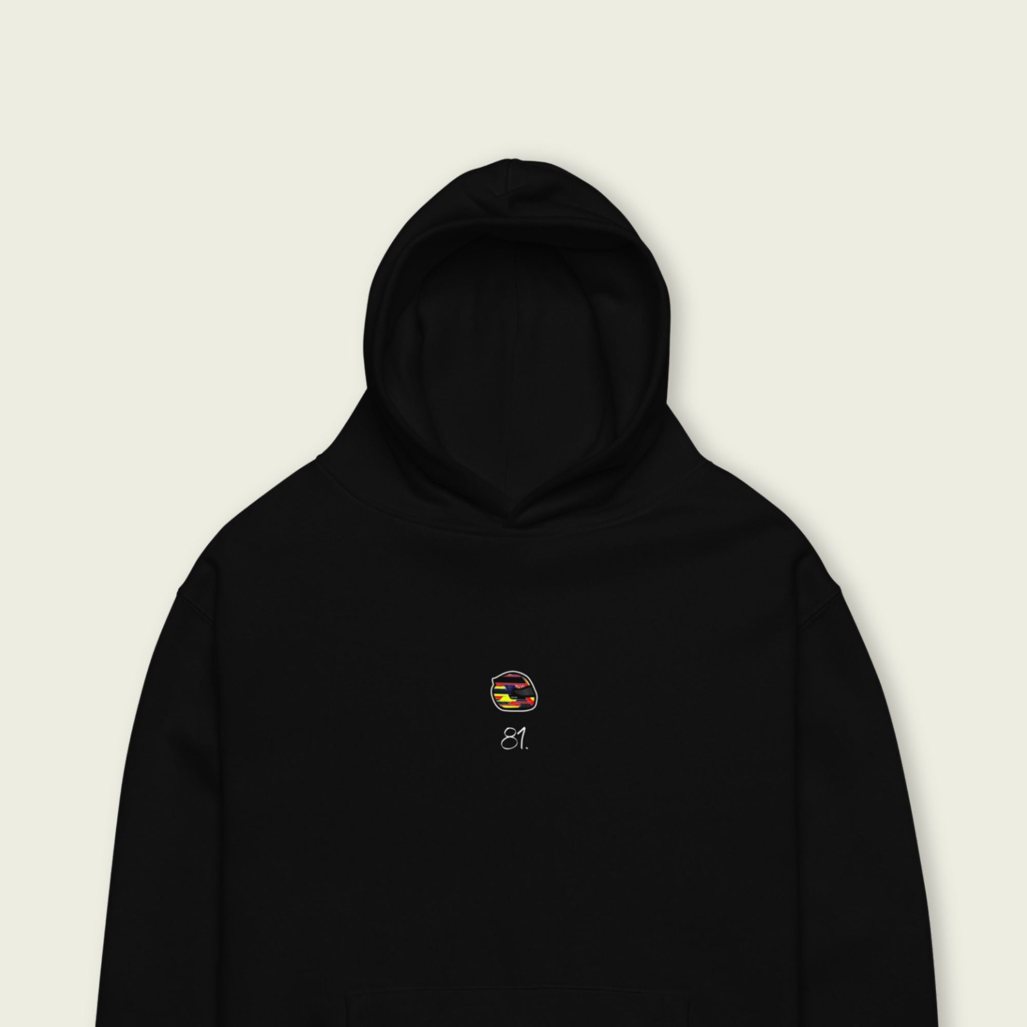 A black oversized hoodie with white text Osacr Piastris racing number 81 on the front and Osacr's graphic helmut on the front.