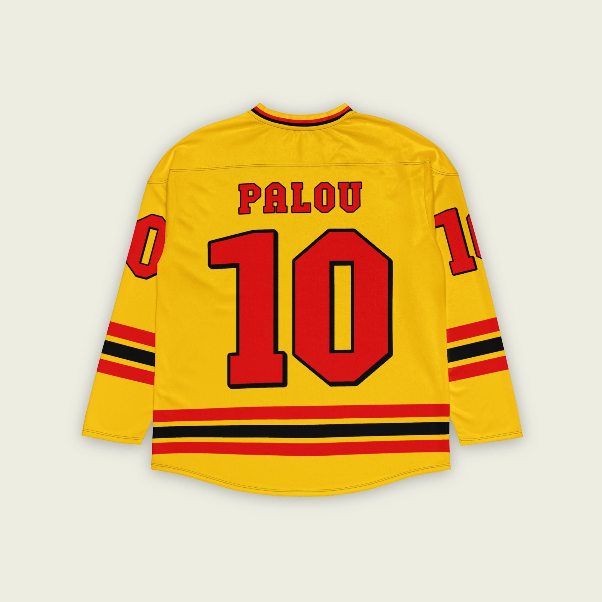 A yellow hockey jersey with Alex Palou's indycar racing number 10 on the front and back in red, also the name palou is on the back and front in red.