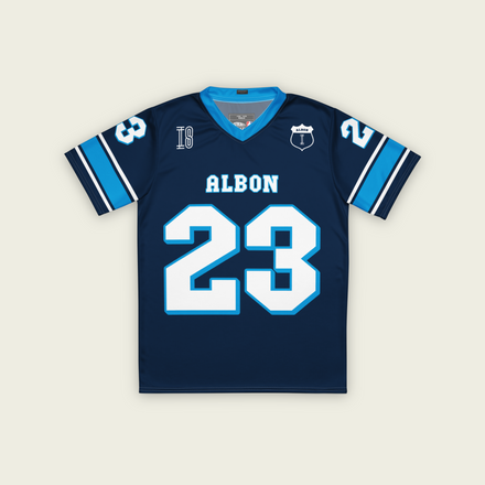 A navy blue football jersey with Alex Albons Williams F1 Racing number 23 on the front and back.