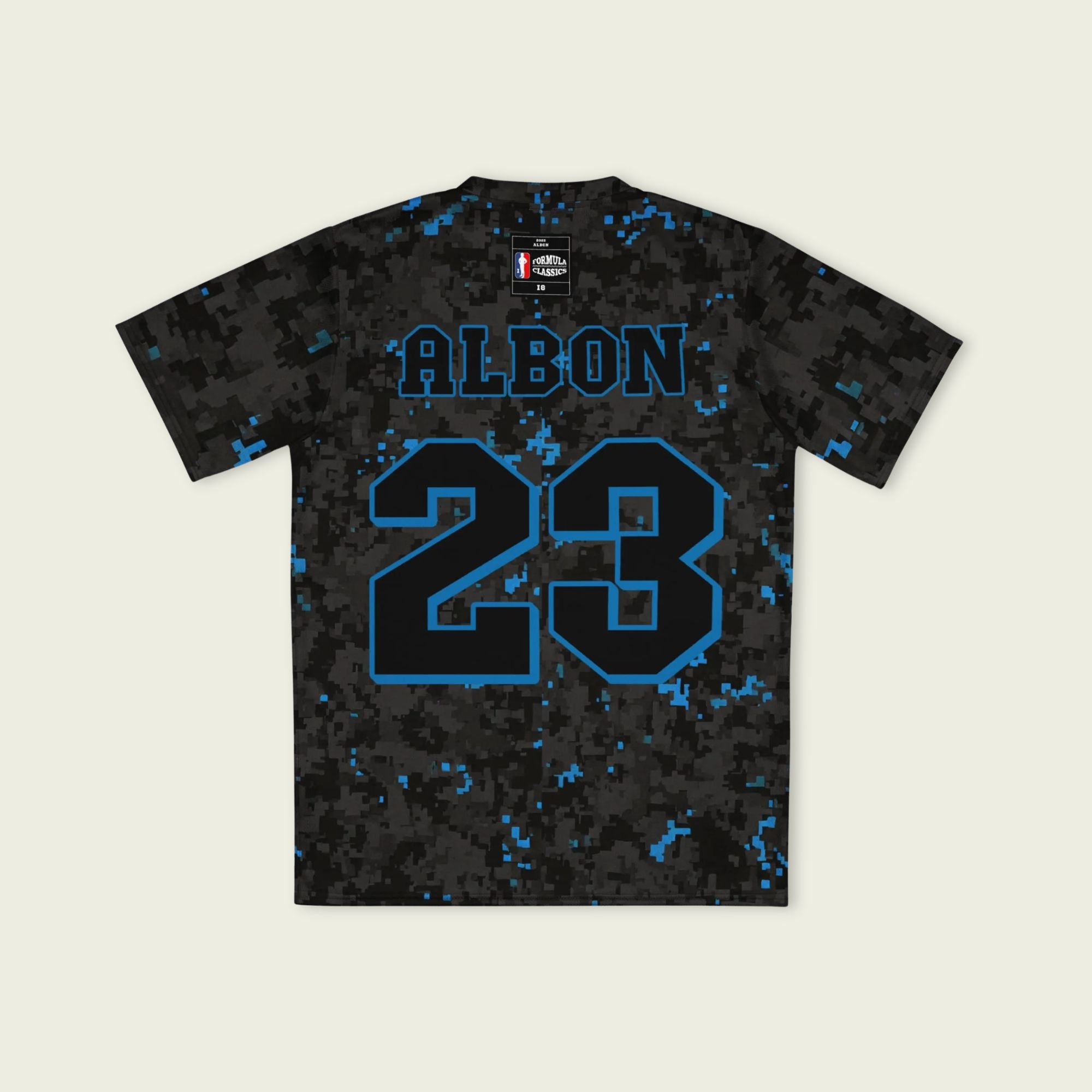 A camoflauge williams blue and black digital camo styled football jersey with  Alex Albons Williams F1 Racing number 23 on the front and back.
