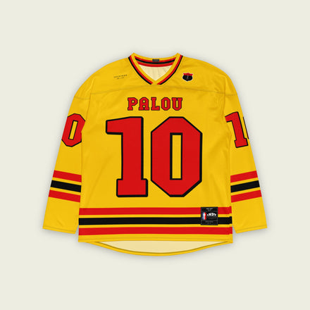 A yellow hockey jersey with Alex Palou's indycar racing number 10 on the front and back in red, also the name palou is on the back and front in red.