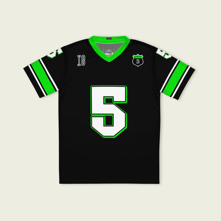 A black and highlight green football jersey with Gabriel Bortoleto's Kick Stake F1 racing number 5 on the front and back in green.