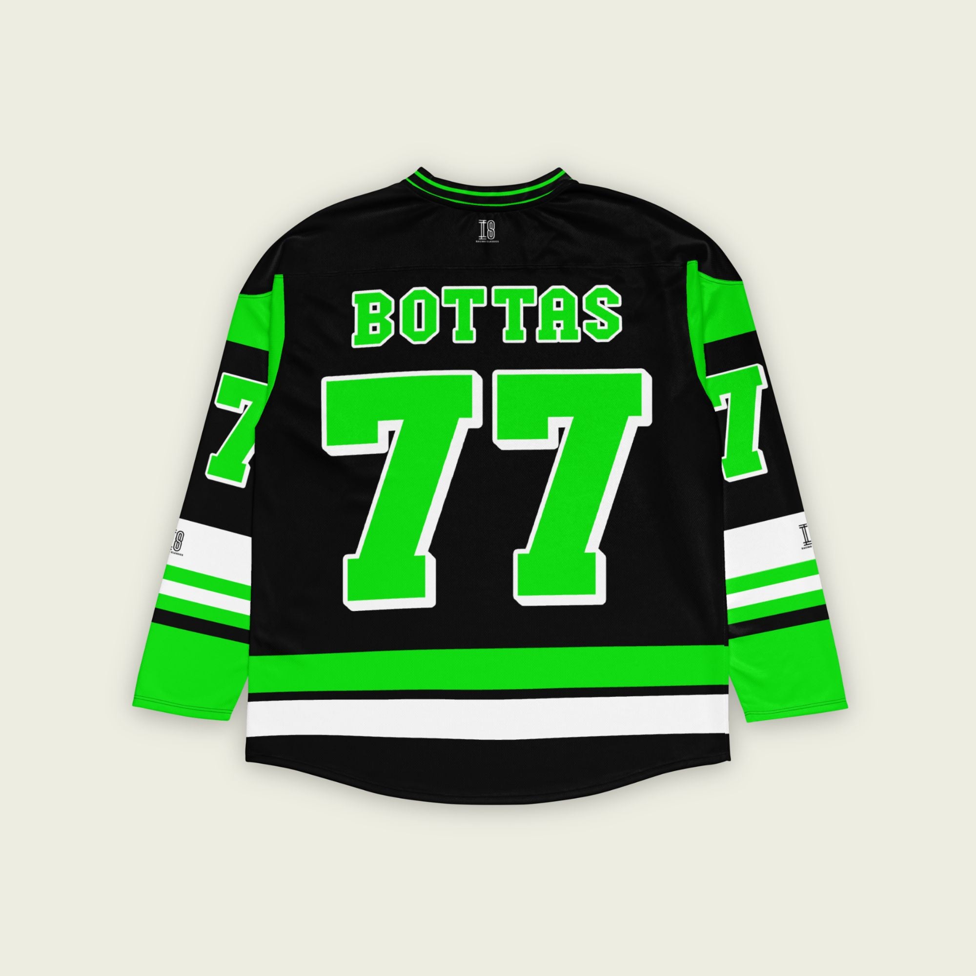 A green and black hockey jersey with Bottas's Kick Stake F1 racing number 22 in green on the front and back. It has the name Bottas on the back and front in green as well.