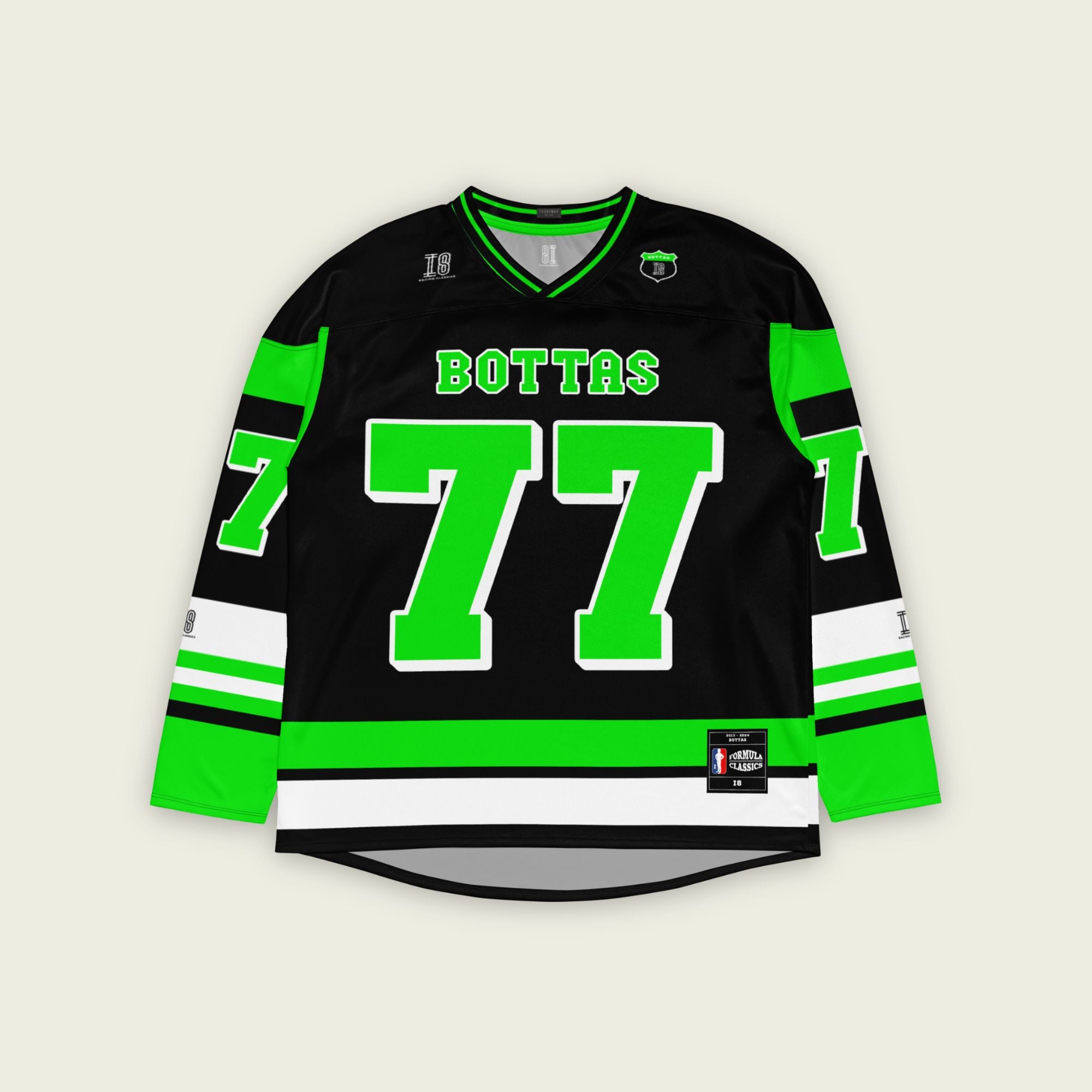 A green and black hockey jersey with Bottas's Kick Stake F1 racing number 22 in green on the front and back. It has the name Bottas on the back and front in green as well.