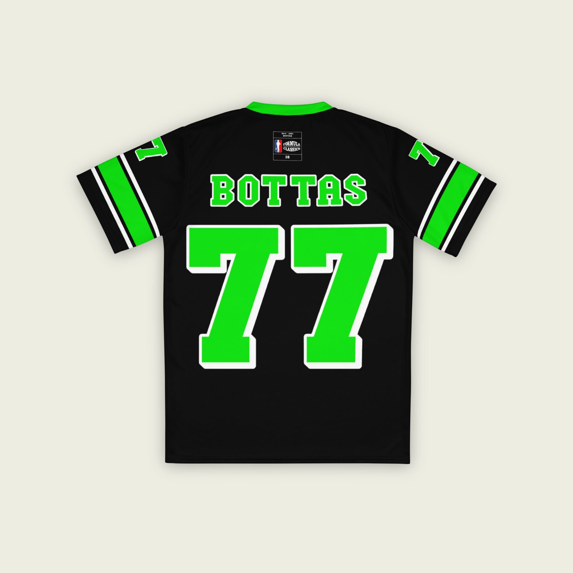 A black and highlight green football jersey with Valteri Bottas's Kick Stake F1 racing number 77 on the front and back in green.