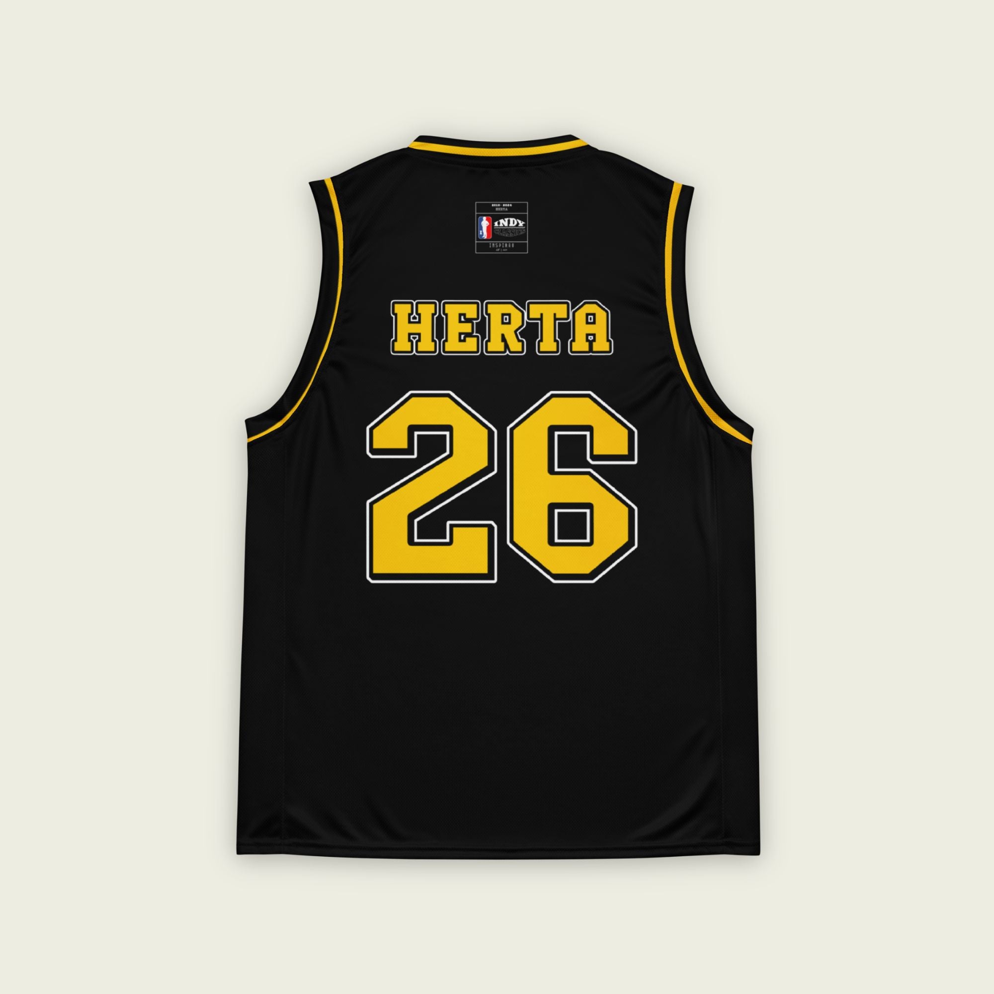 A black and yellow basketball singlet with Colton Herta Indycar racing number 26 on the front and back in yellow.