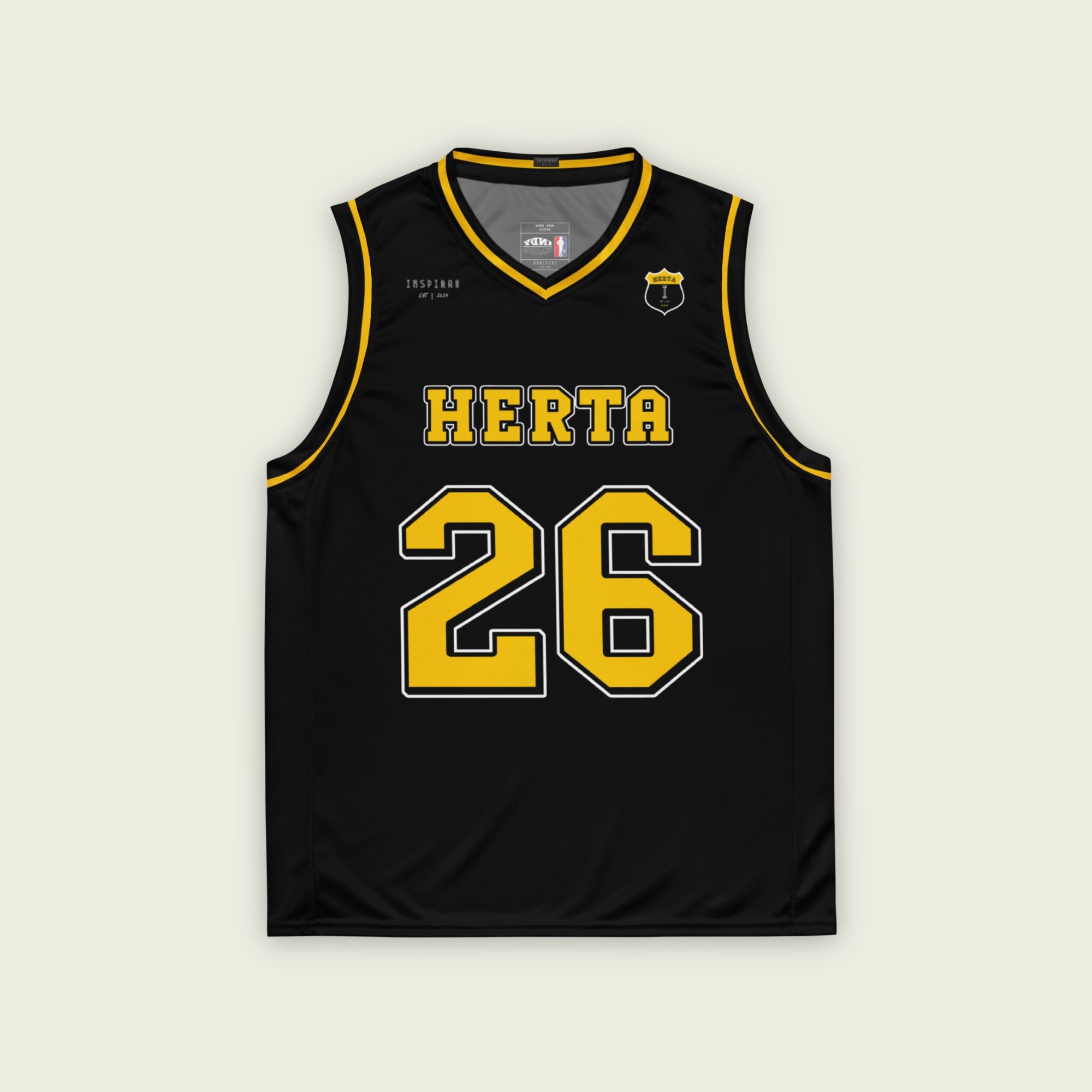 A black and yellow basketball singlet with Colton Herta Indycar racing number 26 on the front and back in yellow.