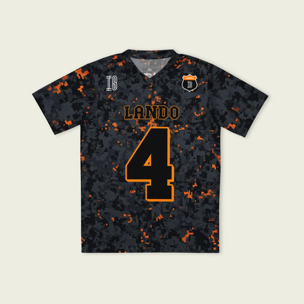 A camoflauge papaya orange football jersey with Lando Norris's McLaren  F1 Racing number 4 on the front and back.