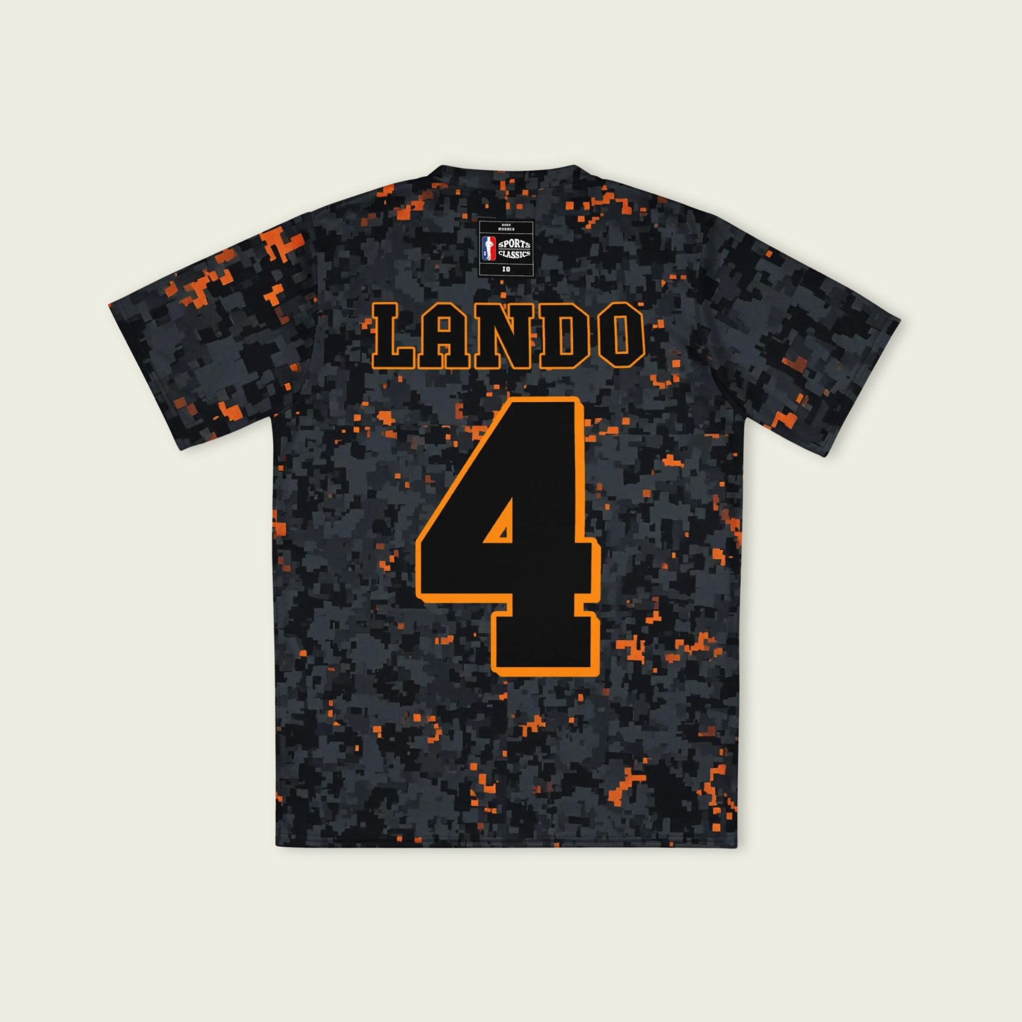 A camoflauge papaya orange football jersey with Lando Norris's McLaren  F1 Racing number 4 on the front and back.