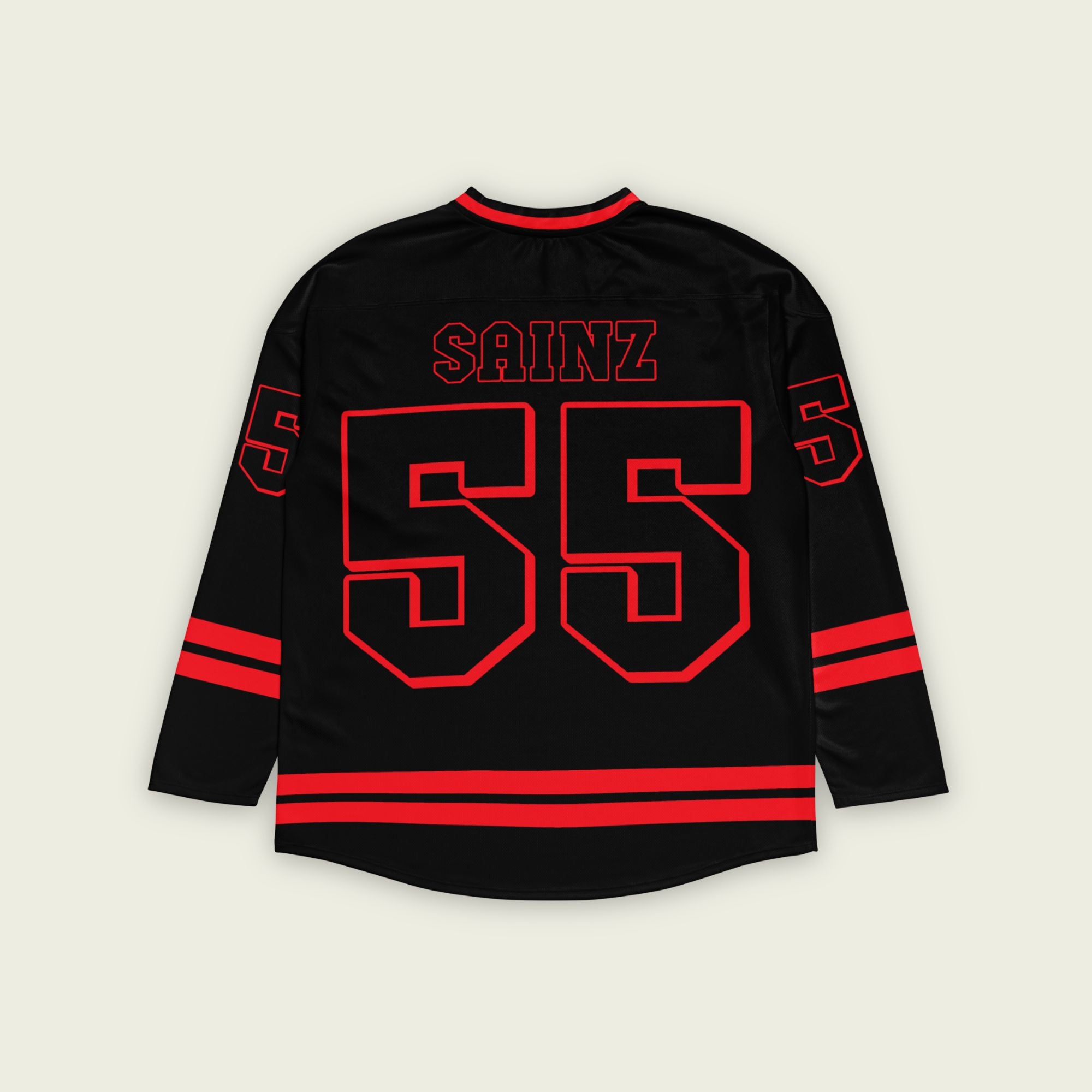 A black and red hockey jersey with Carlos Sainz's Ferrari F1 racing number 55 on the font and back with a red outline. it has the name Sainz on the front and back with a red outline