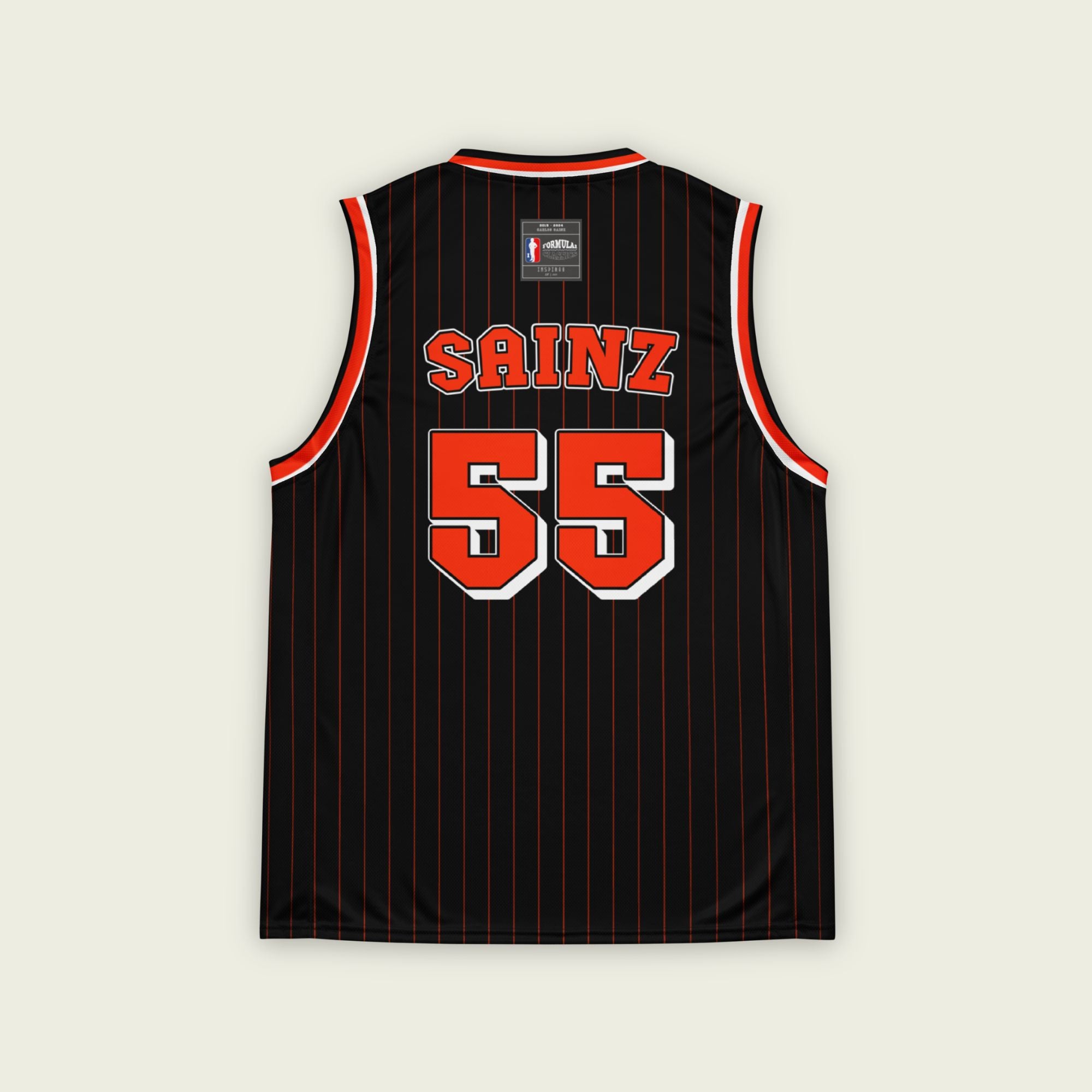 A black basketball singlet with red pinstripes. It has Carlos Sainz's Ferrari F1 Racing number 55 on the front and back in red.