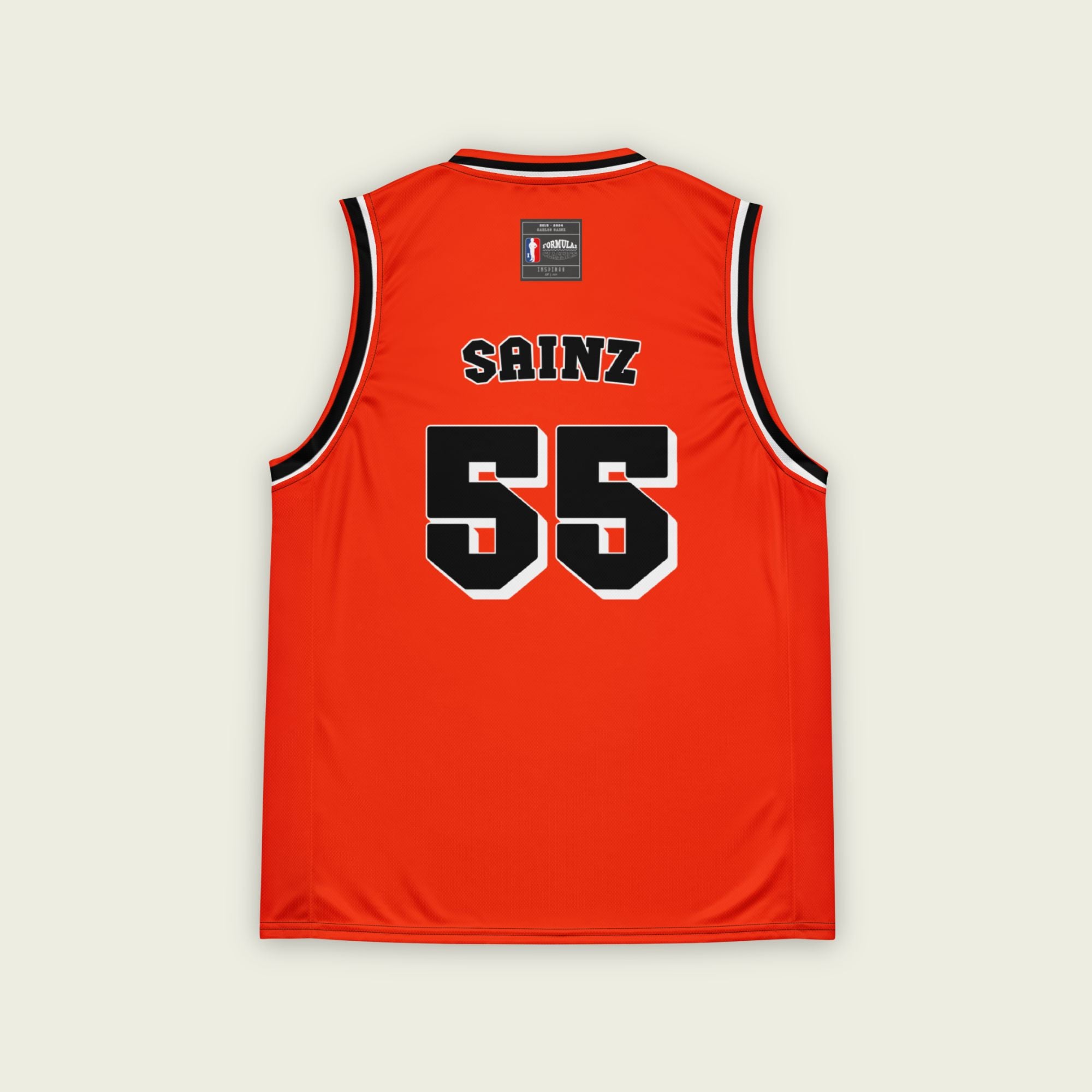A red basketball singlet with Carlos Sainz jnr's Ferrari F1 racing number 55 in black on the front and back.