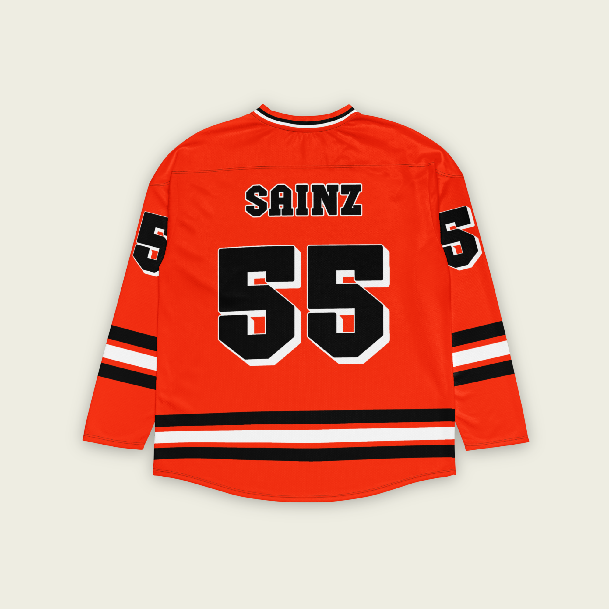 A red and black ferrari hockey jersey with Carlos Sainz Jnr's f1 racing number 55 on the front and back and his name sainz on the back and front.
