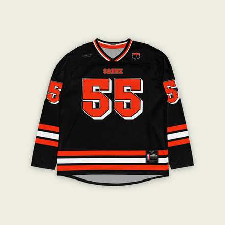 A black, red, and white F1 hockey Jersey with Carlos Sainz's name and number printed on the back and front