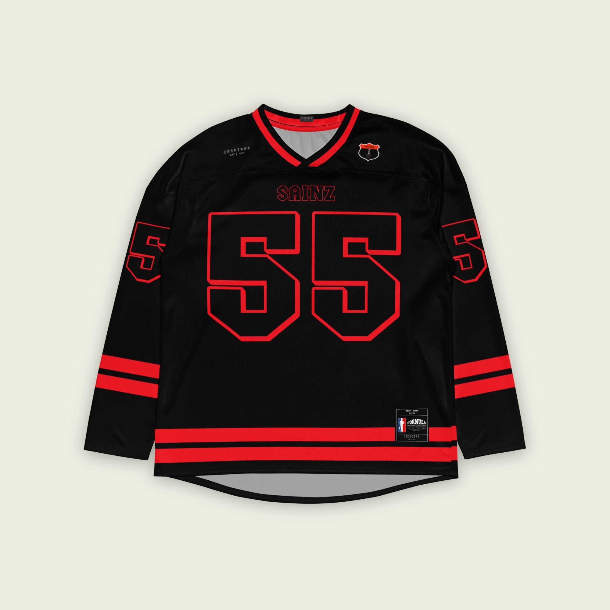 A black and red hockey jersey with Carlos Sainz's Ferrari F1 racing number 55 on the font and back with a red outline. it has the name Sainz on the front and back with a red outline