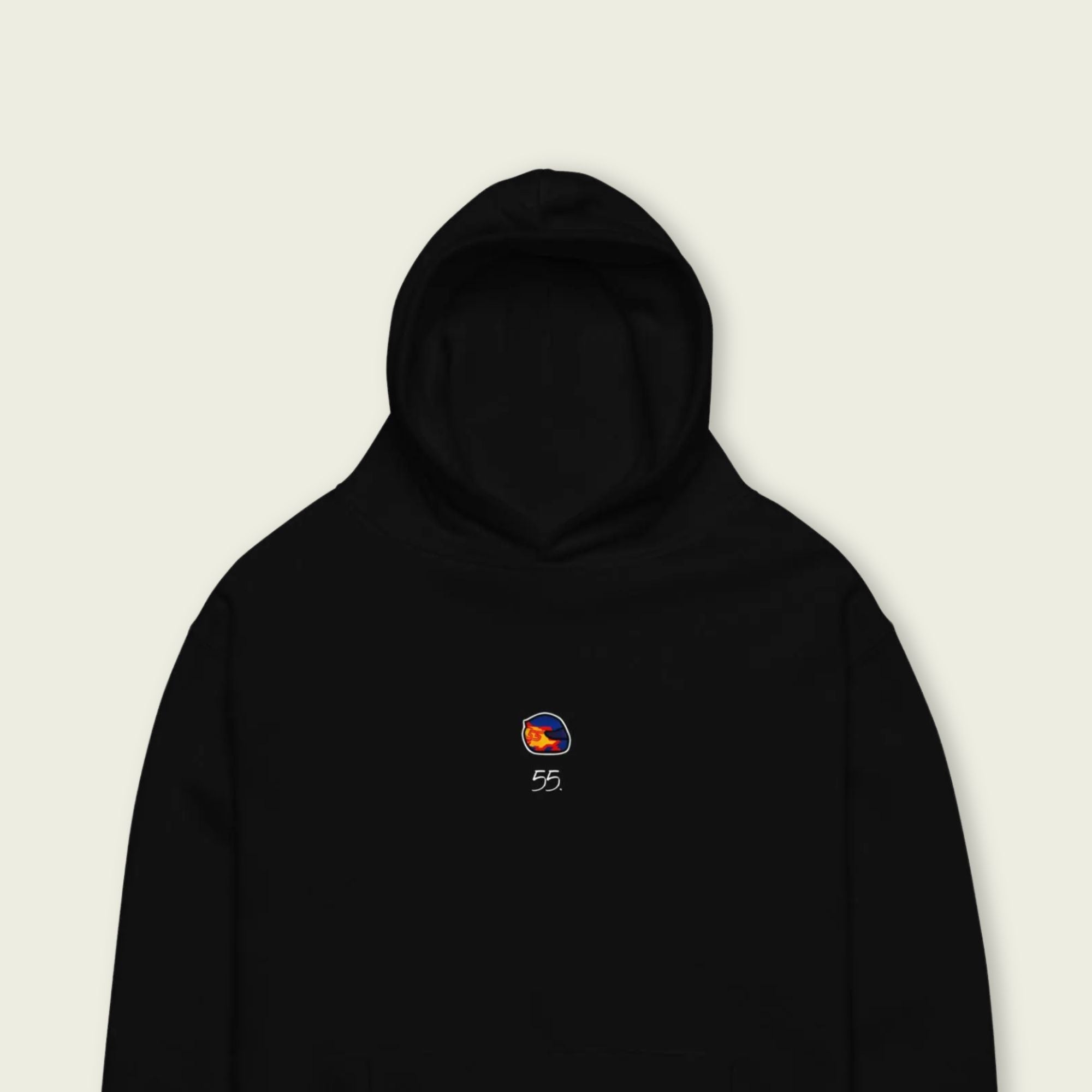 A black oversized hoodie with white text Carlos Sainz's racing number 55 on the front and Sainz's graphic helmut on the front.