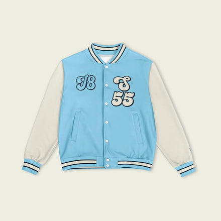 A baby blue and off white varsity jacket with Carlos Sainzs Williams F1 racing number 55 in white on the front and back.
