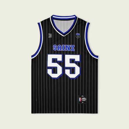 A black and blue pin striped basketball Jersey with Carlos Sainz's Williams F1 racing number 55 in white and blue on the front and back.