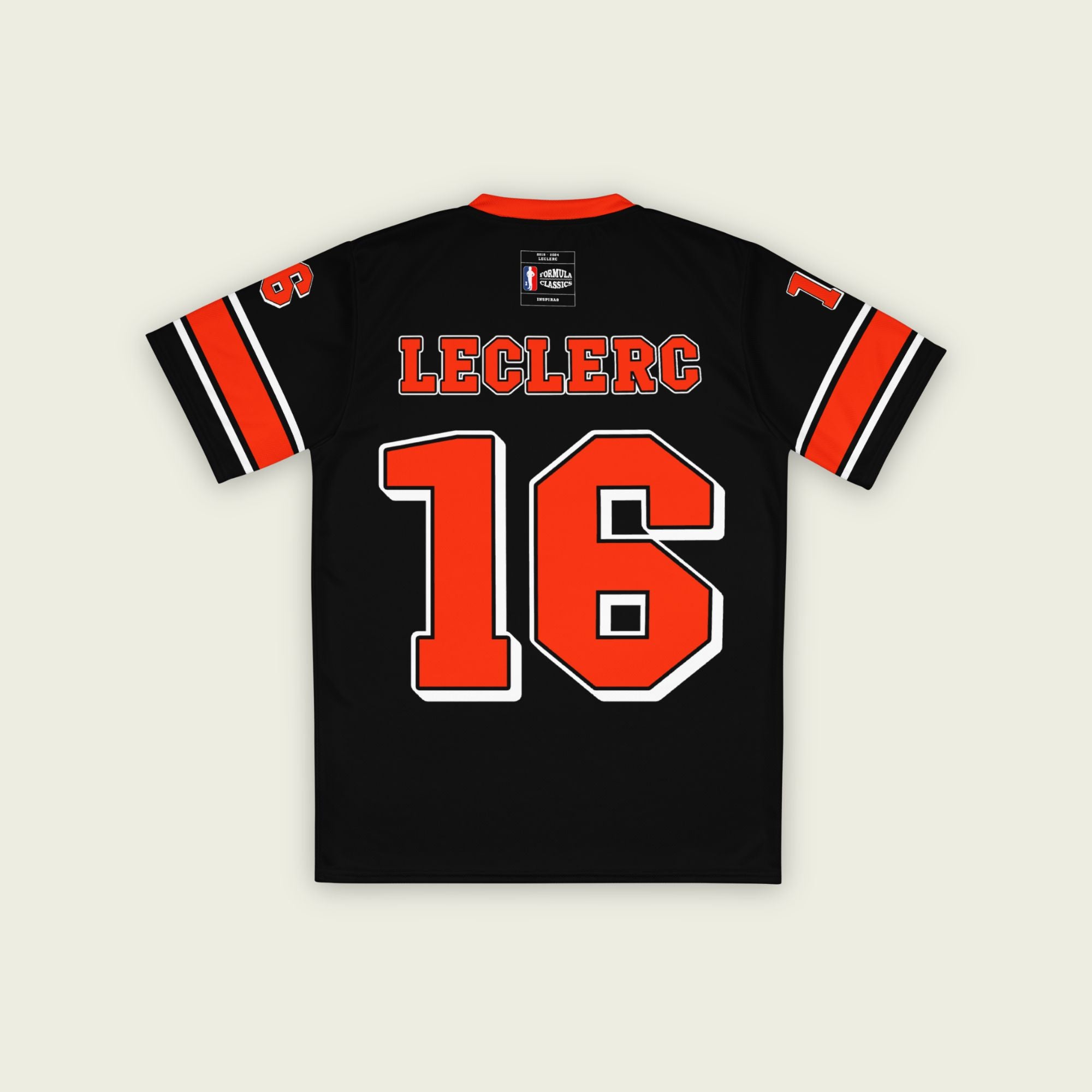 A black and red football jersey with Charles Leclerc's Ferrari F1 Racing number 16 on the front and back. The name Leclerc is on the front and back.