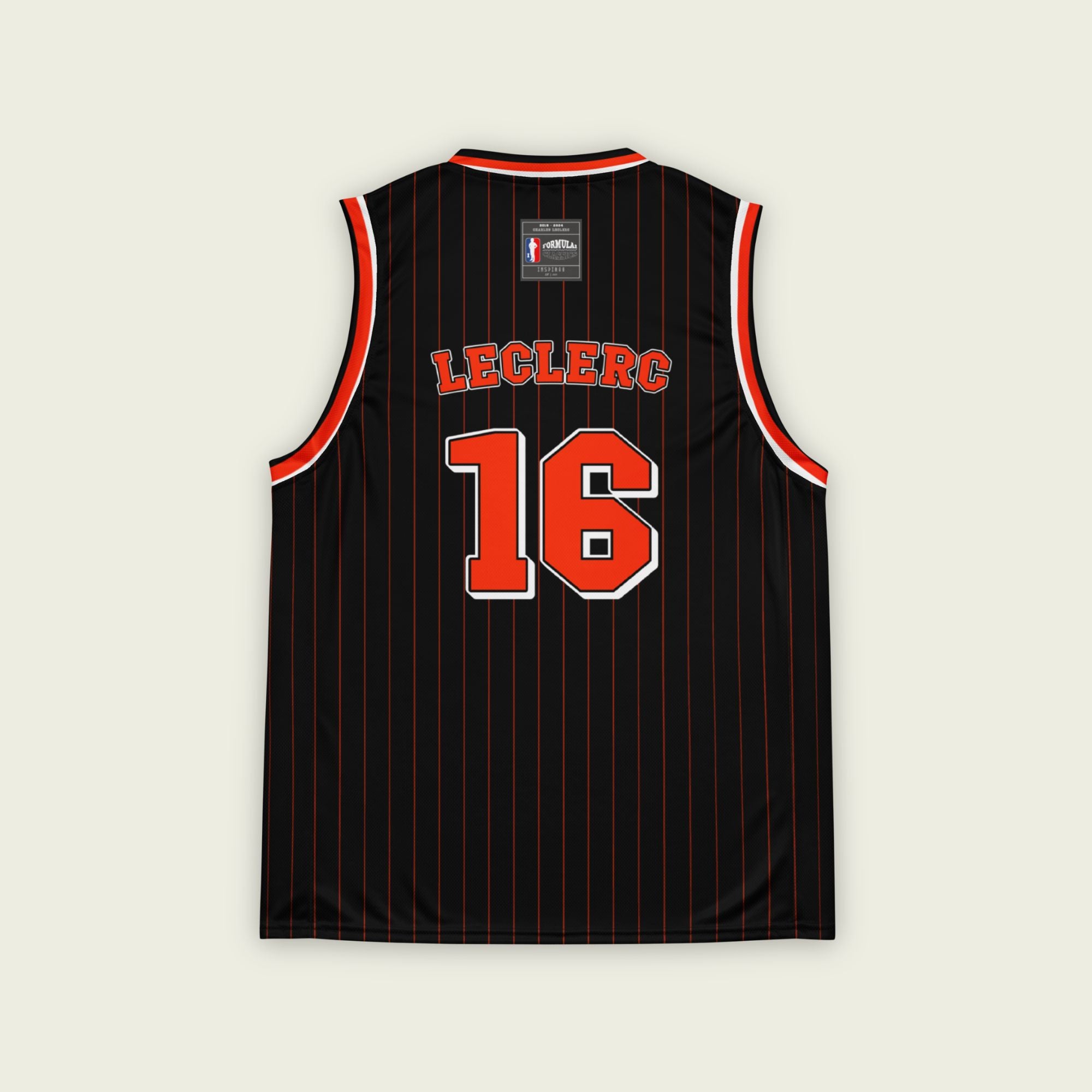 A black basketball Jersey with red pinstripes. it has Charles Leclerc's Ferrari F1 racing number 16 on the front and back in red, with the name Leclerc on the front and back as well in red.