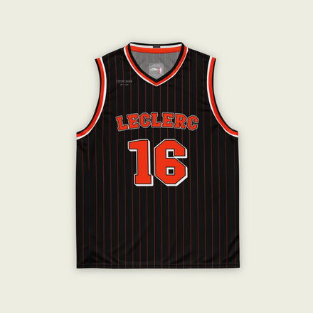 A black basketball Jersey with red pinstripes. it has Charles Leclerc's Ferrari F1 racing number 16 on the front and back in red, with the name Leclerc on the front and back as well in red.
