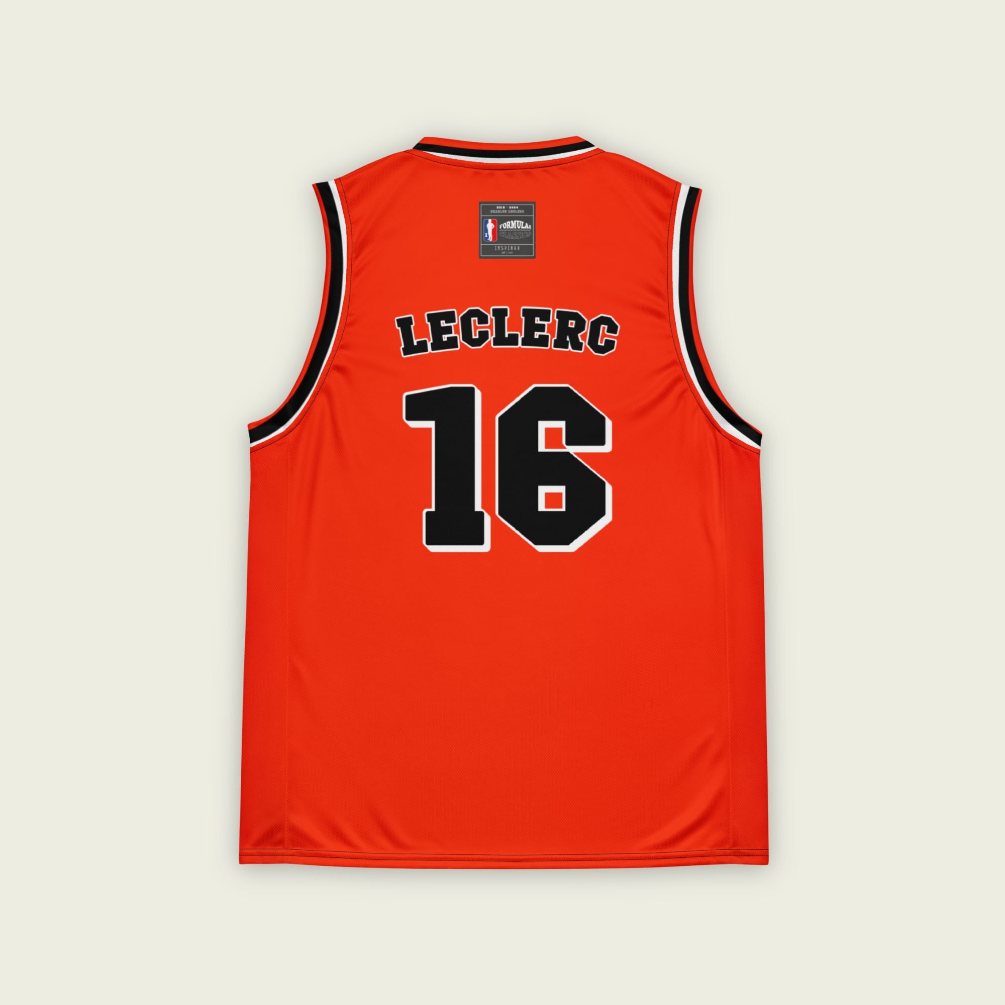 A red basketball Jersey with Charles Leclerc's Ferrari F1 Racing number 15 on the front and back in black.