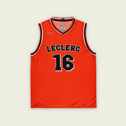 A red basketball Jersey with Charles Leclerc's Ferrari F1 Racing number 15 on the front and back in black.