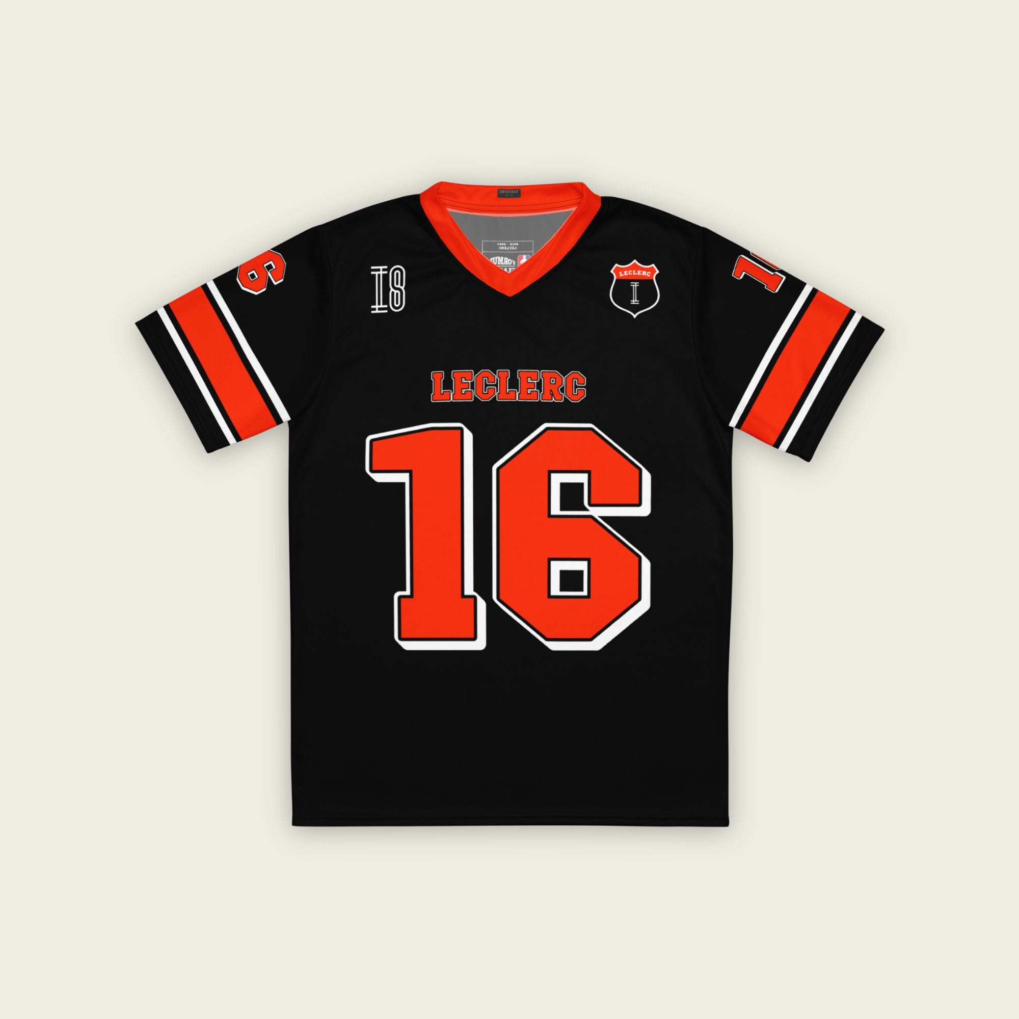 A black and red football jersey with Charles Leclerc's Ferrari F1 Racing number 16 on the front and back. The name Leclerc is on the front and back.