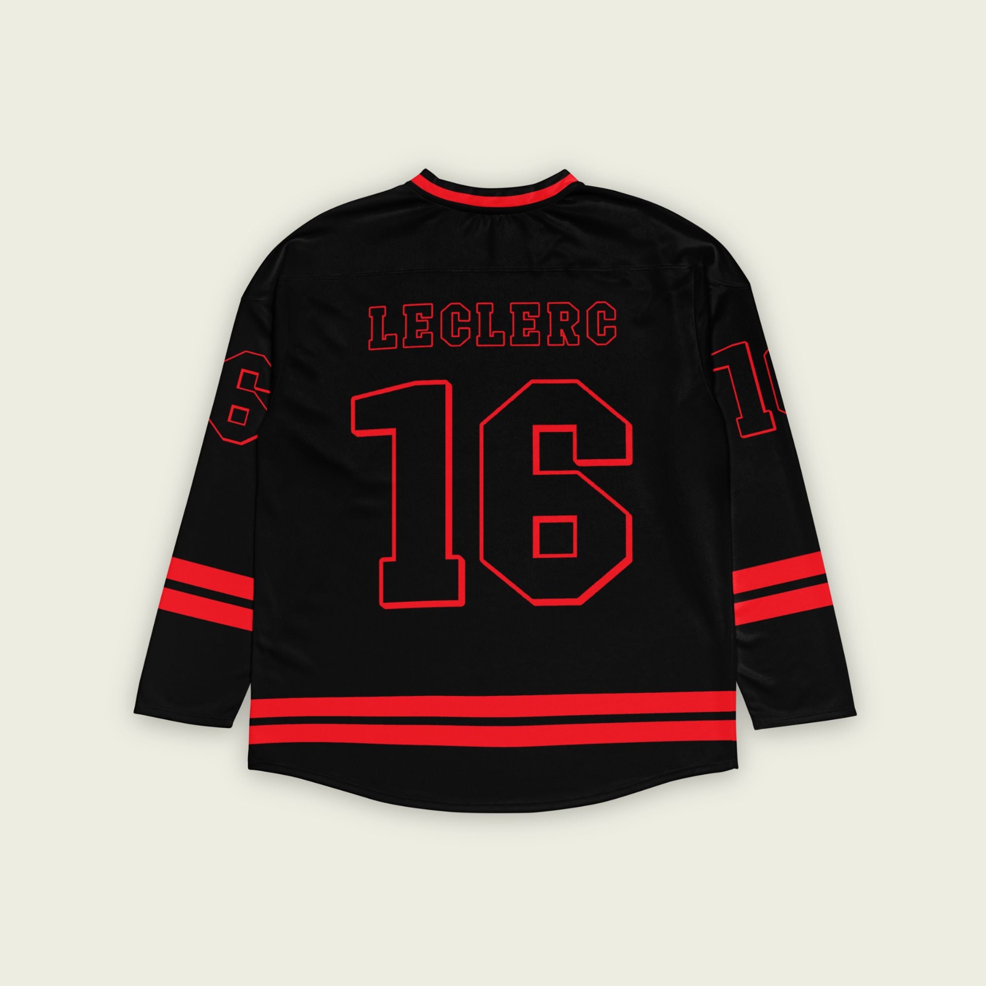 A black hockey jersey with red stripes on the bottom and the arms. It has Charles Leclerc's Ferrari F1 racing number 16 on the front and the back with the name Leclerc just above each number